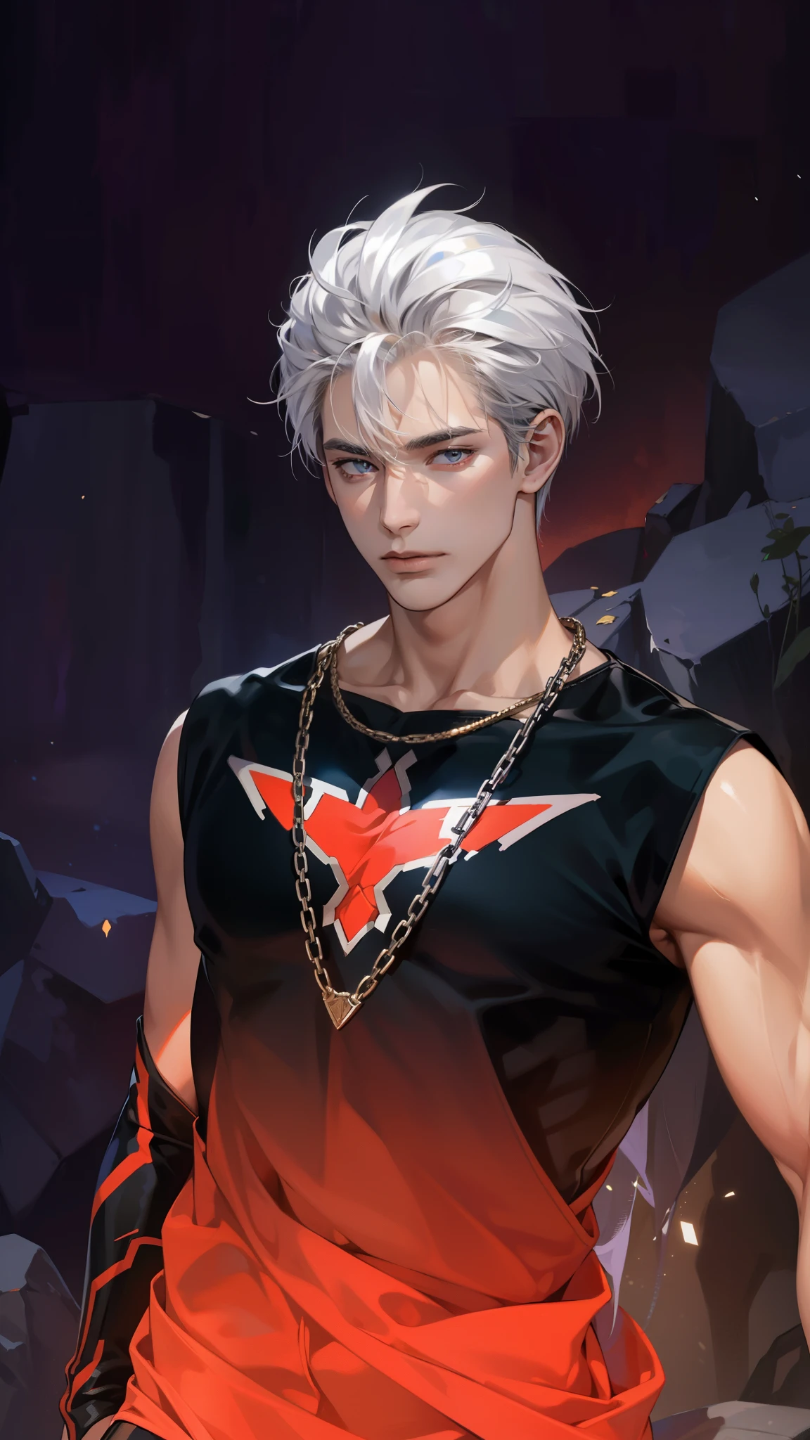 Masterpiece, high quality, best quality, HD, realistic, perfect lighting, detailed body, 1 man, dark white hair, face expression, black military suit, in the cave