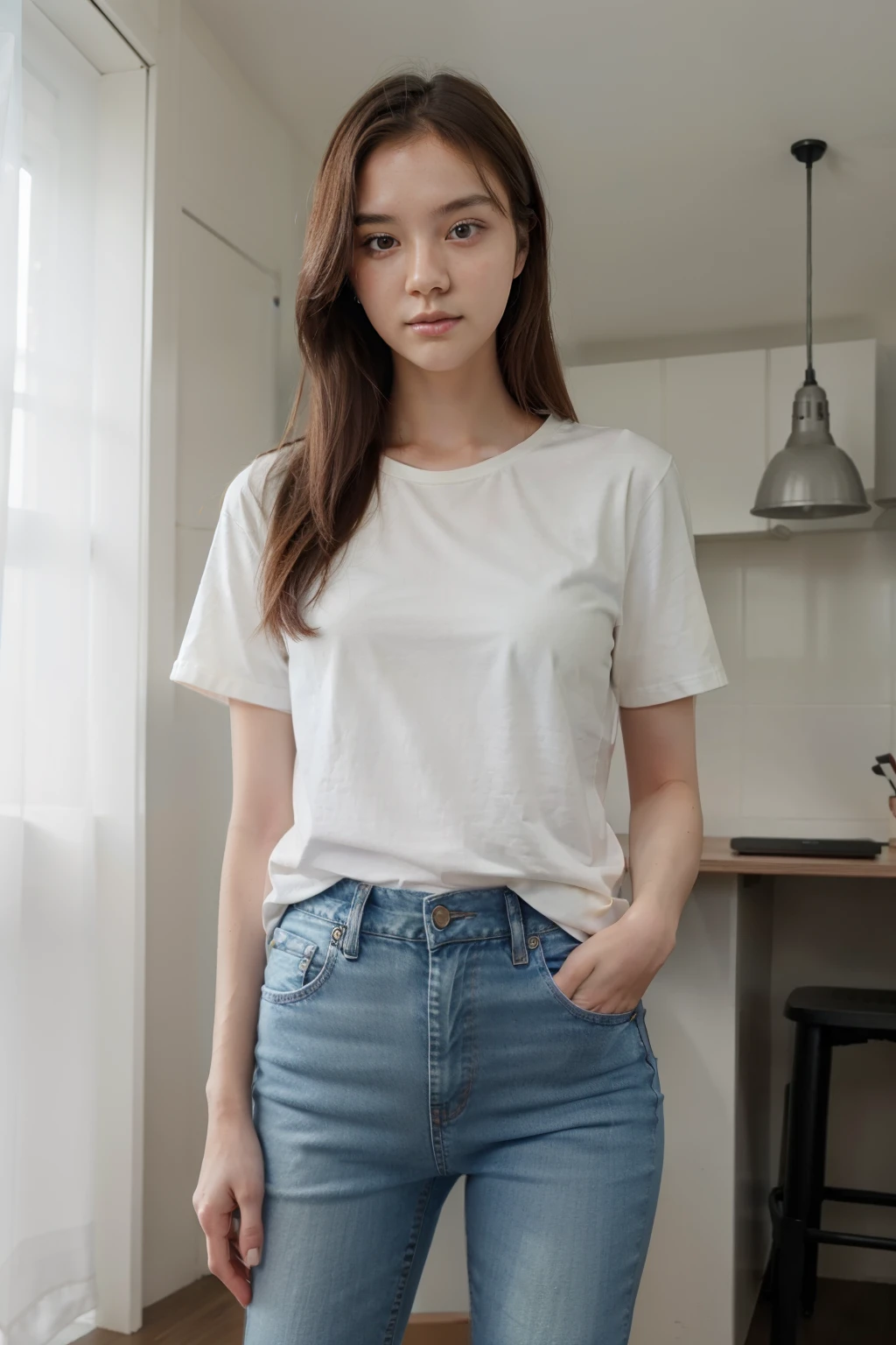 I am a young Swedish girl, I stand in front of the camera with a blank and pitiful gaze, I have a very beautiful and charming face like a Korean person, my position is upright with a half body shot, I wore a casual short-sleeved shirt combined with long jeans