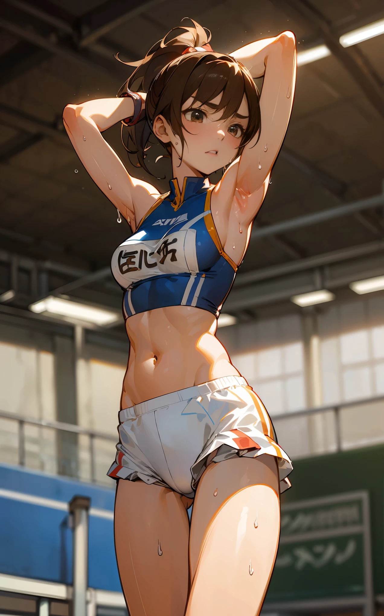 ((Masterpiece)), ((Best Quality)),Ultra High Resolution, Caustics, Detailed, Beautiful Detailed Eyes, solo, (athletics stadium, track and field athlete),cowboy shot,20 year old beauty、(separate, white bloomers ,show off belly),slender body, ideal ratio body proportions,oily skin,brown skirt,sweat,medium breasts,brown eyes, (ponytail)、medium hair,brown hair,painful expression、running,