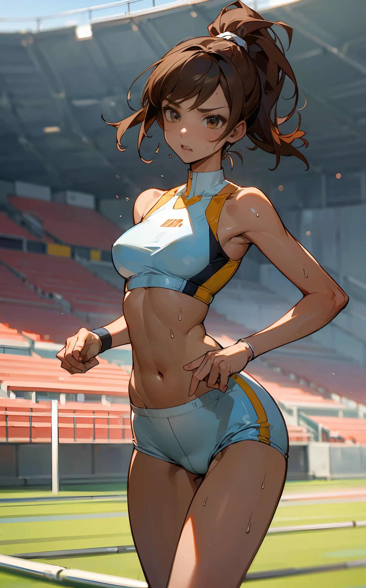 ((Masterpiece)), ((Best Quality)),Ultra High Resolution, Caustics, Detailed, Beautiful Detailed Eyes, solo, (athletics stadium, track and field athlete),cowboy shot,20 year old beauty、(separate, white bloomers ,show off belly),slender body, ideal ratio body proportions,oily skin,brown skin,sweat,medium breasts,brown eyes, (ponytail)、medium hair,brown hair,painful expression、running,