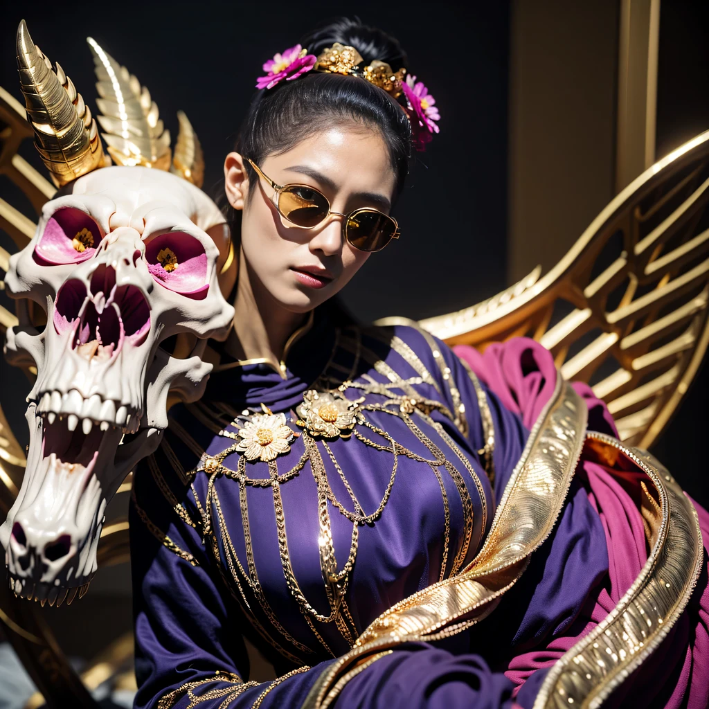 On snowy nights，32k（masterpiece，HD，Ultra high quality，32k）Purple-pink double ponytail，flower stick，Indigo Skull King ，mahogany steering wheel （The skeleton is very realistic：1.4），crocodile print robe，Rusty skull ornaments，Sand gold linen cloak，petals flying，Deep gold sunglasses，Hold your head high，worthy of pride，Look at people through nostrils，A primary and secondary school student， high resolution，Xueba， detail， RAW photos， Sharp Re， Nikon D850 film photo by Jefferies Lee 4 Kodak Portra 400 camera F1.6 guns, colorful, Ultra-realistic and vivid textures, dramatic lighting, Unreal Engine Art Station Trend, Sinest 800，Hold your head high，side，worthy of pride，Look at people through nostrils，arrogant，petals flying，petals flying，Gold dusted crocodile，Fluttering，Impeccable，( Reasonable design, clear lines, HD晰度,best quality, Very detailed skeleton, masterpiece的骨架, official art, movie lighting effects, 8K crocodile skeleton（（（Platinum marble sunglasses）））Deep gold sunglasses，side肖像