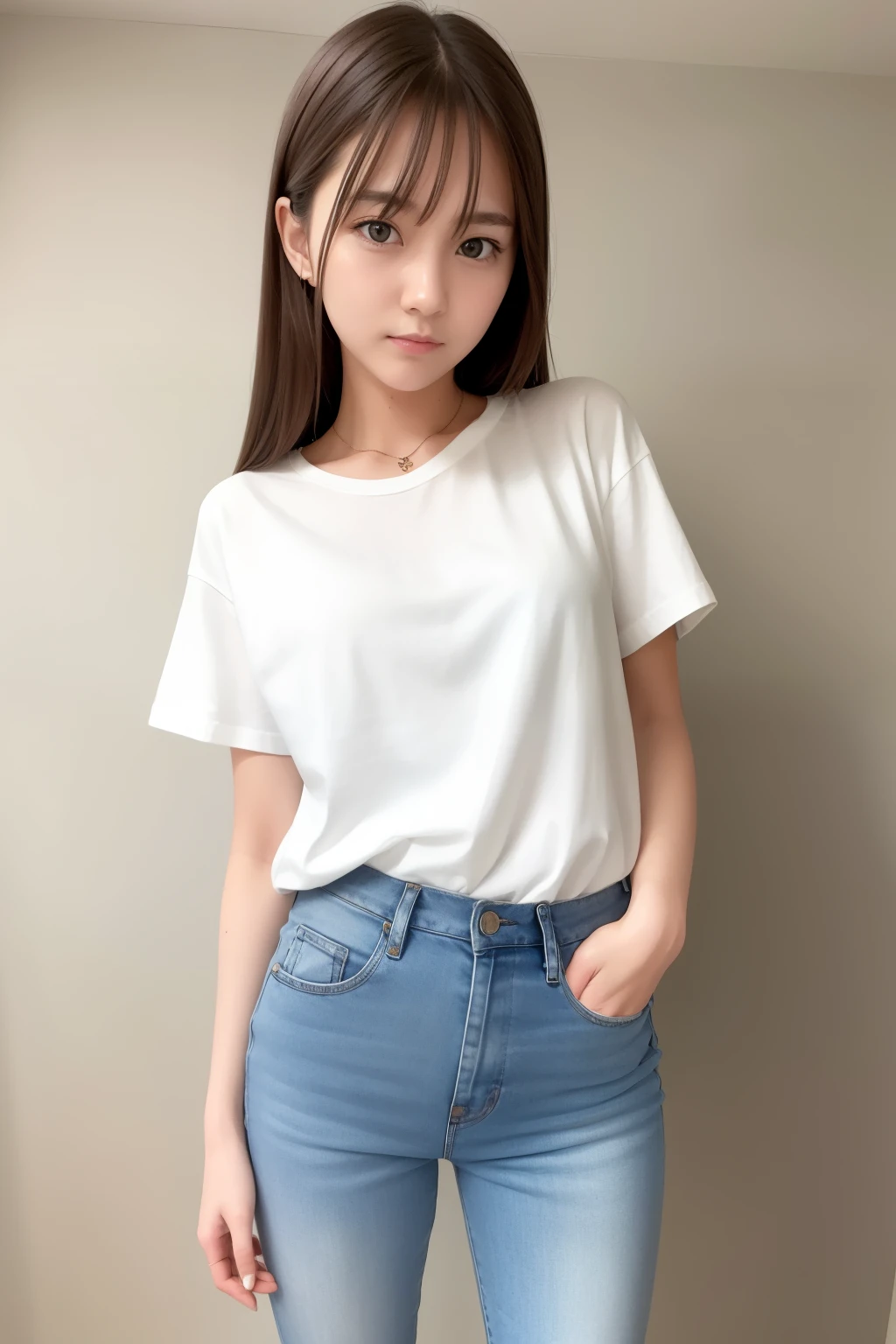 I am a young Swedish girl, I stand in front of the camera with a blank and pitiful gaze, I have a very beautiful and charming face like a Korean person, my position is upright with a half body shot, I wore a casual short-sleeved shirt combined with long jeans
