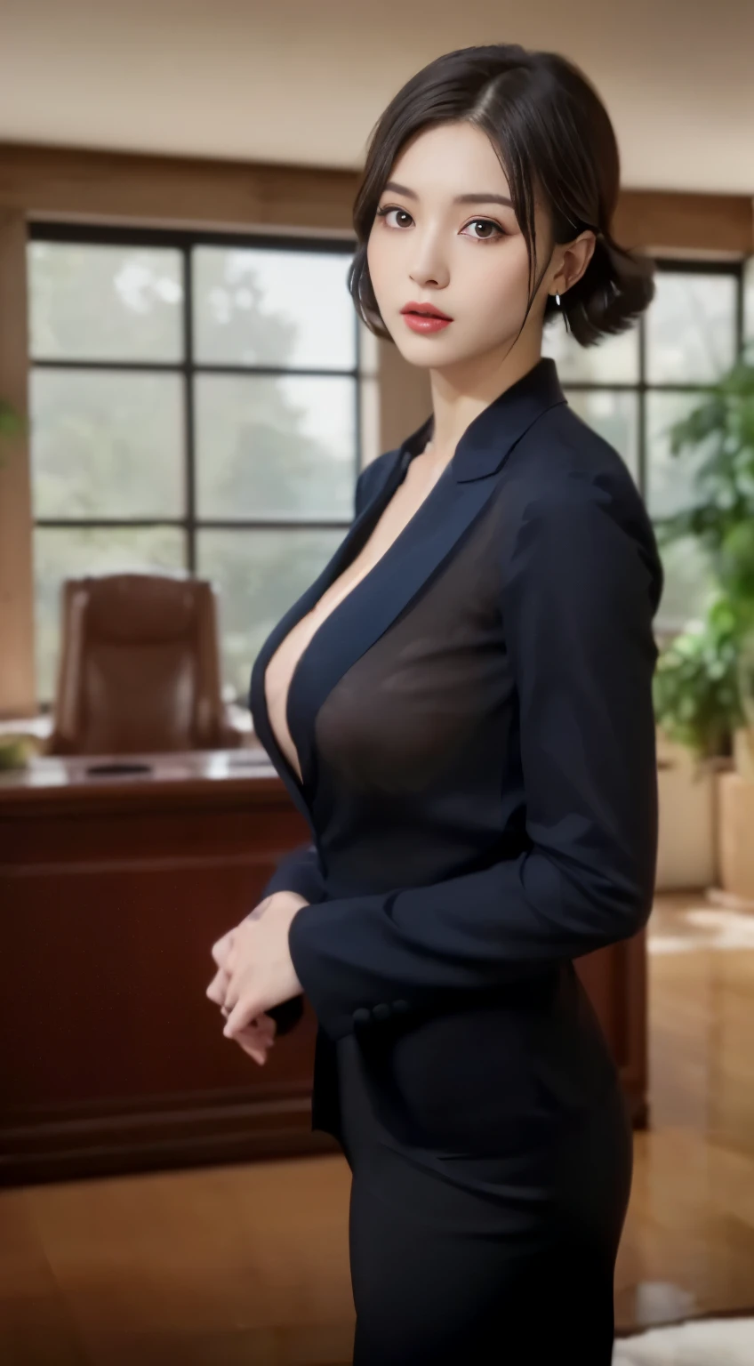 (smile)、((nipple見え))、(translucent shirt:1.2)、(In 8K、highest quality、masterpiece:1.2)、(genuine、photogenuineistic:1.37)、Super detailed、1 girl、cute、、Big eyes、beautiful detailed eyes、office、、(blush your nose)、 (perfect beautiful beautiful face:1.15)、(closed mouth)、細やかなbeautiful eyes、(skeleton shirt:1.1)、daytime、、short cut hair、、white lace、(short hair:1.5)、floating hair、body、20 year old woman、brown hair、、brown eyes、small head、((M cup fashion girl、beautiful eyes、genuine face、genuine skin、genuine-looking face、genuineな肌、fine eyes、、(No underwear:1.3)、、viewer、Look carefully at the face and chest、, see-through shirt。the tip of the chest sticks out。Areola is protruding。(The shape of the genitals is clearly visible), lots of eyelashes。black eyeshadow。bright red lips。black sexy high heels。pubic hair。The lower abdomen is bristly。thin。thighs are open。pubic hairが非常に多い。nippleは非常に突き出ています, そして繊細なbody型、dark blue suit、camel'With toes、protruding pussy_nipple