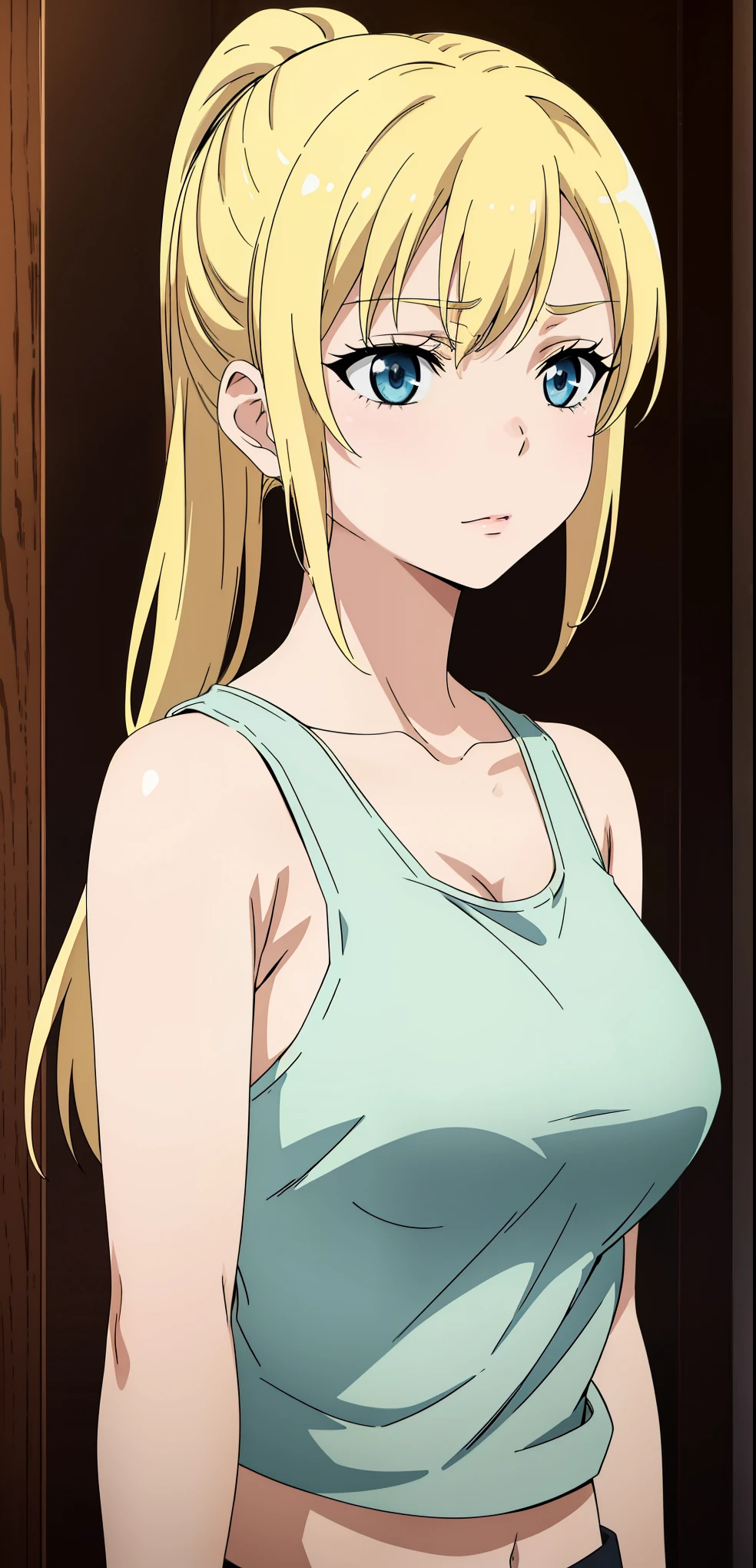 Seina Kashiwazaki, 1girl in, a blond, ponytail, (medium breast), (upper body:1.5), cropped tank top, cum on face, detailed. 