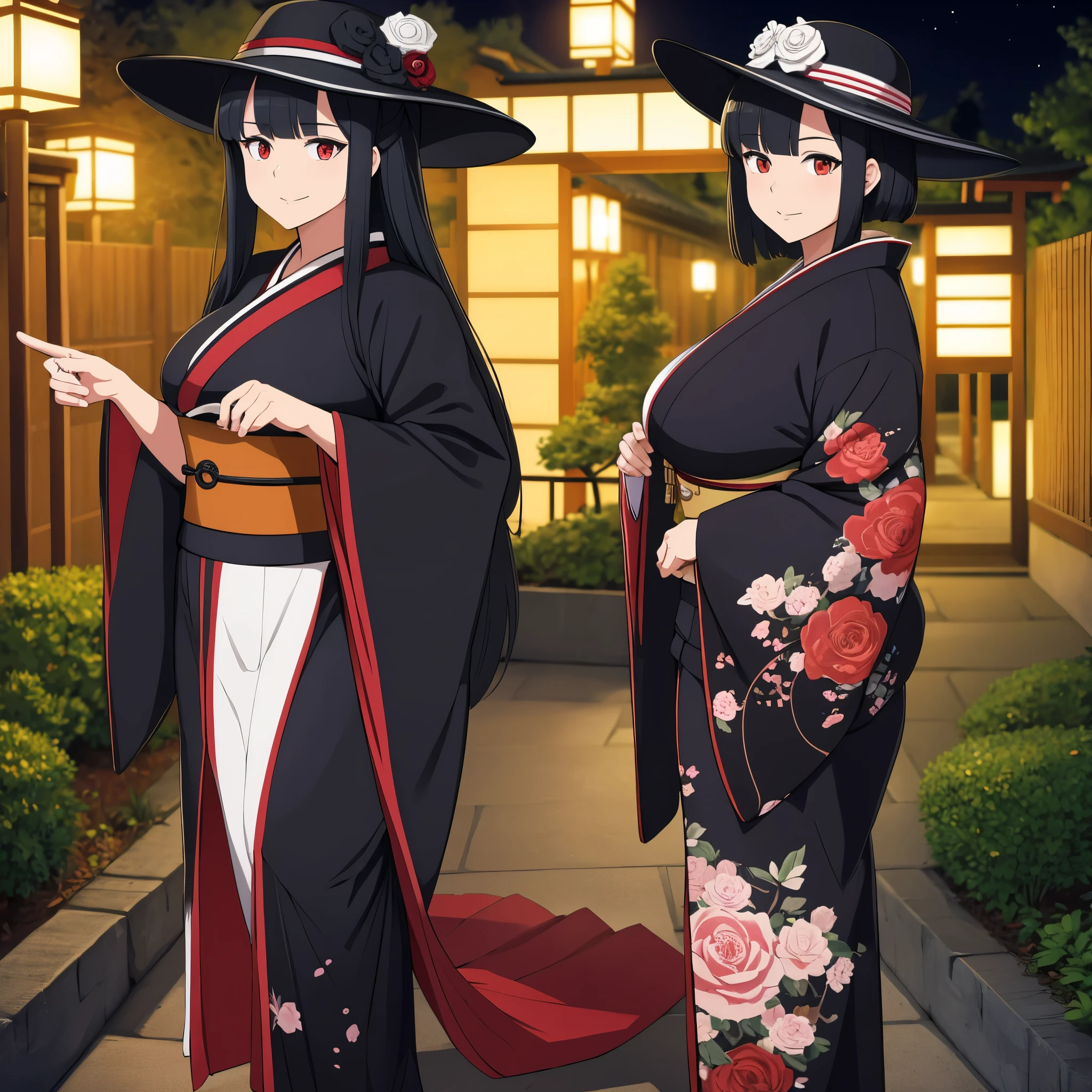 a woman in a kimono black , wearing a hat, in a Japanese garden at night, black hair, red eyes,
