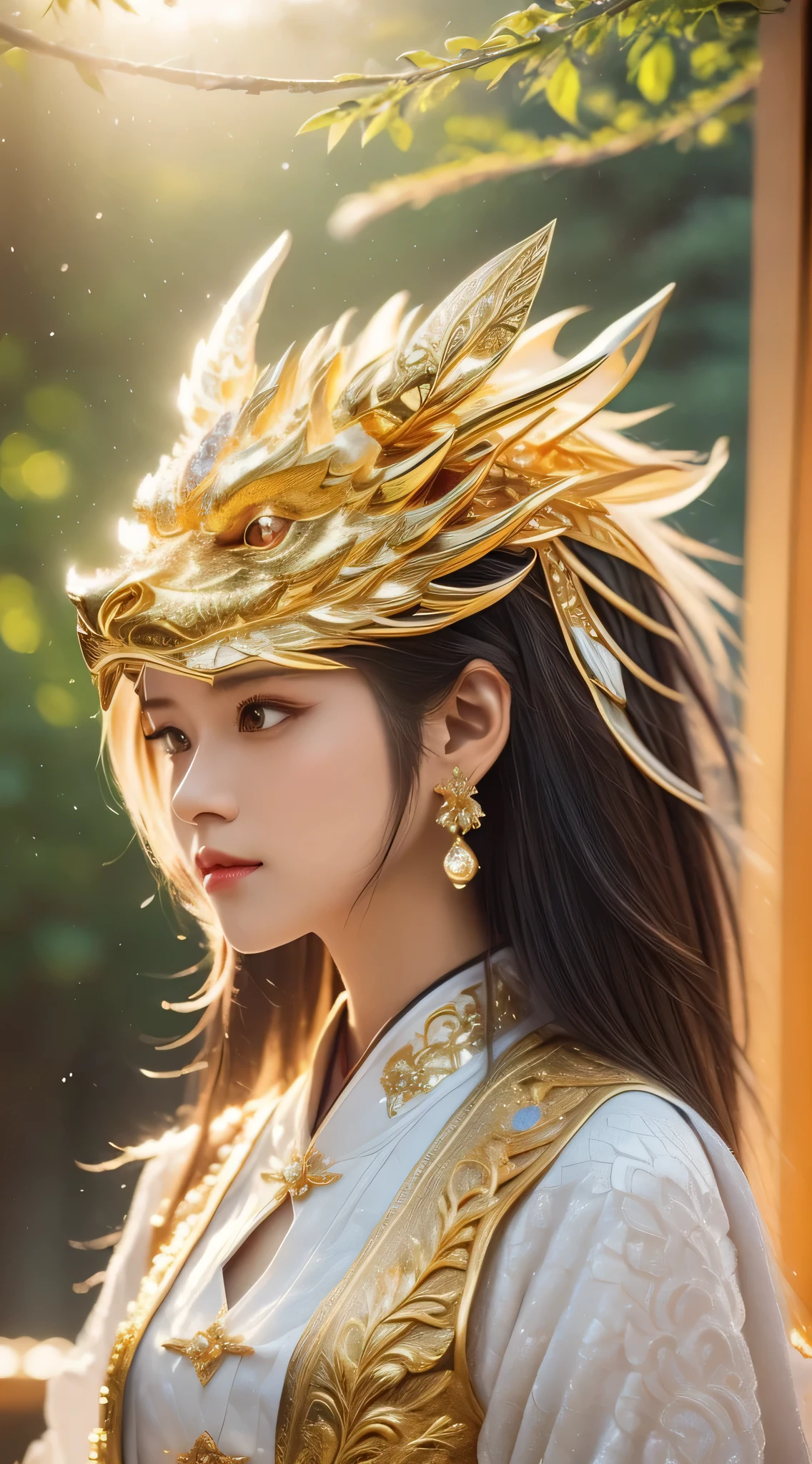 Portrait photography，high angle，whole body，Perfect proportion，A girl and a dragon，Hanfu，earrings，Delicate hairpins，Chinese culture theme style，Mobile phone photography，high quality，hazy atmosphere，exquisite clothing，light gold and red，Reality，masterpiece，