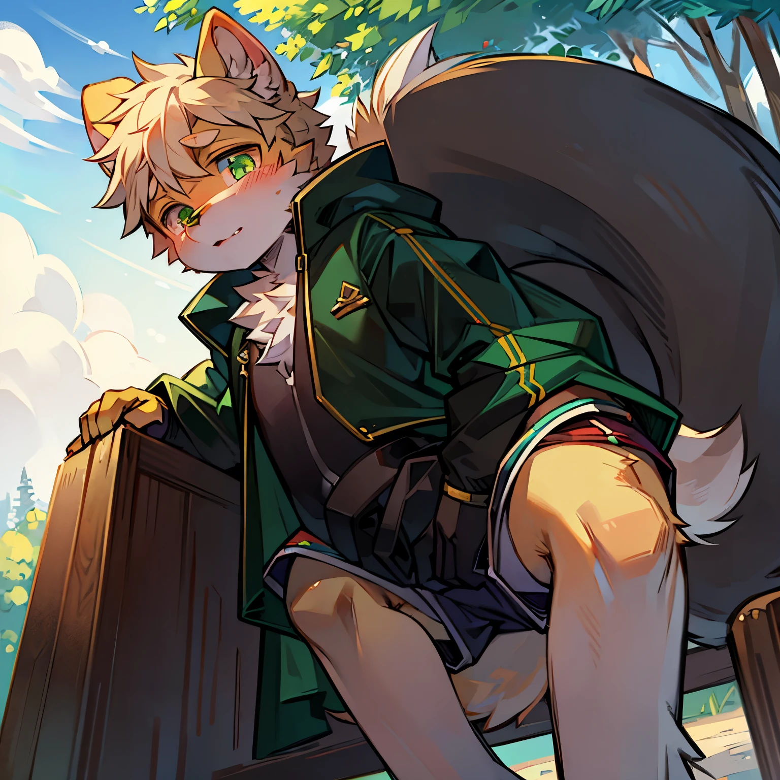 Bright outside,dog boy,dog lop ears,dog tail,male focus,furry men,Furry Shota,Bright Eyes,green pupils,coat,shorts