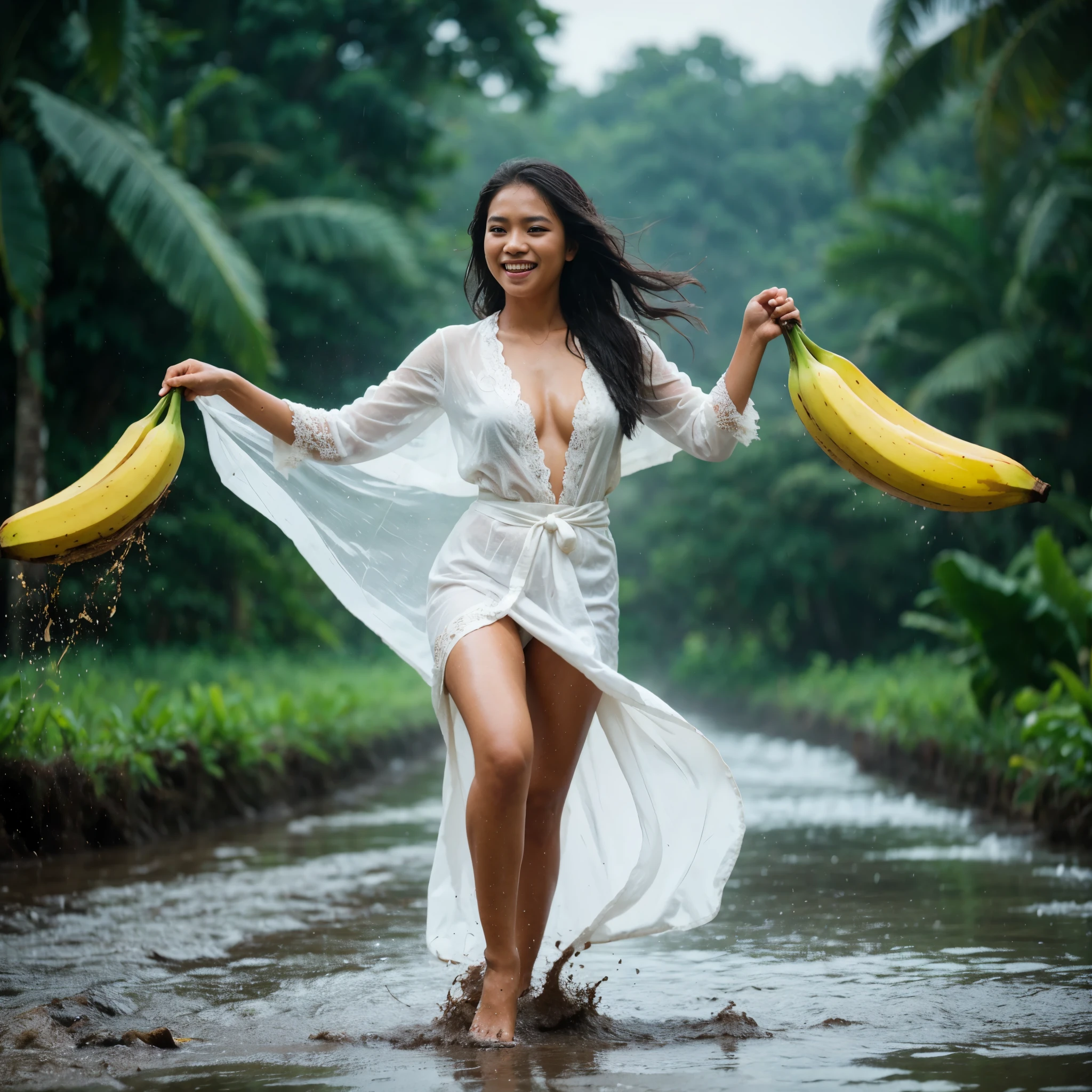 young Indonesian native woman, wearing a wet white kebaya, long hair, heavy rain, right hand holding one a wide banana leaf, left hand carrying sandals, muddy road,she is high jumping and down dancing and laughing happily, the background is a farmer, a buffalo , much water splash effect. HD professional photographer, epicrealism models, atmospheric impressionism, bokeh, film dramatic realism,ultra upscale ultra detail on facial skin, soft focus realism --ar 36:61 --stylize 7