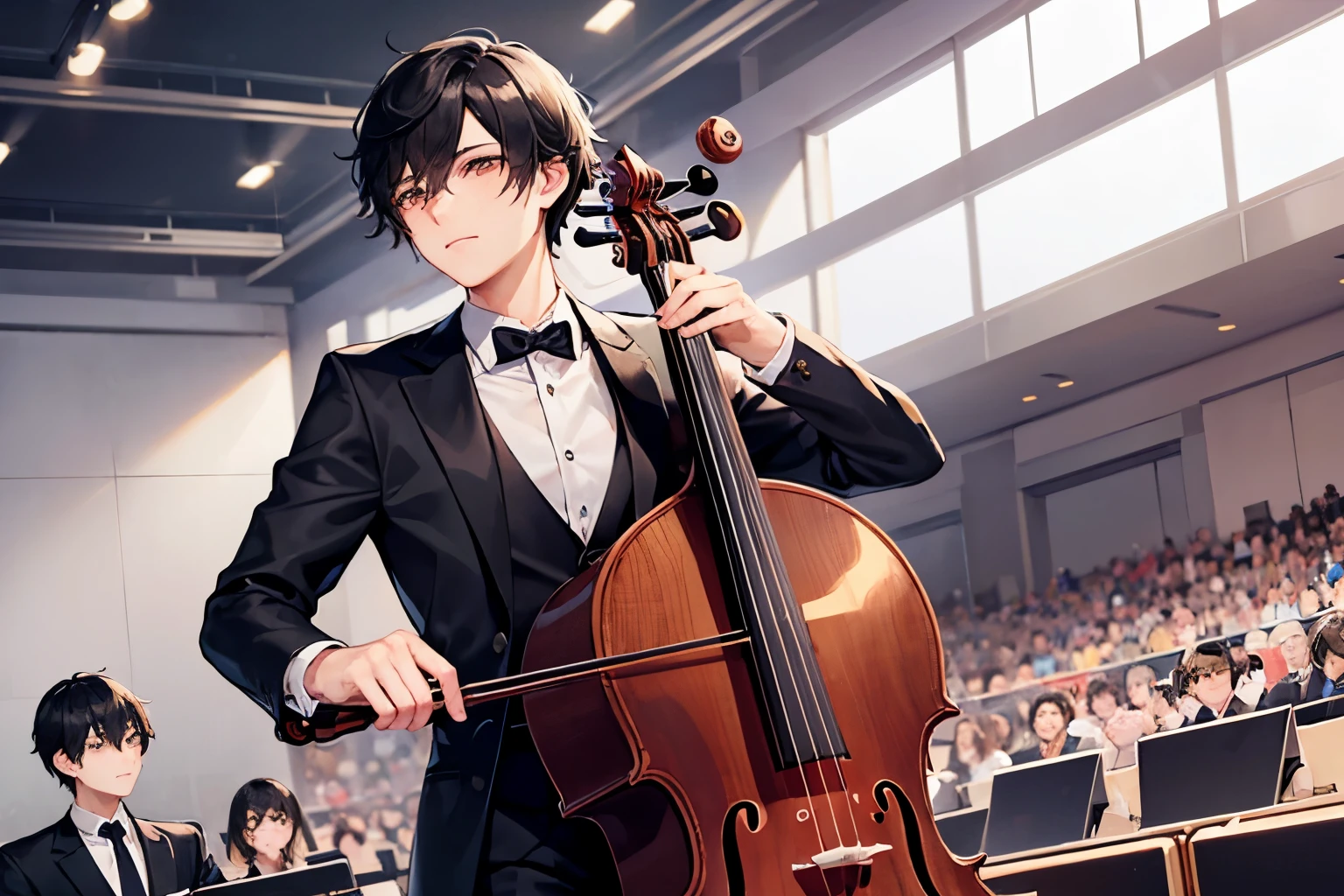 one man、Tuxedo、black hair、short hair、brown eyes、playing the cello with a bow、concert hall、