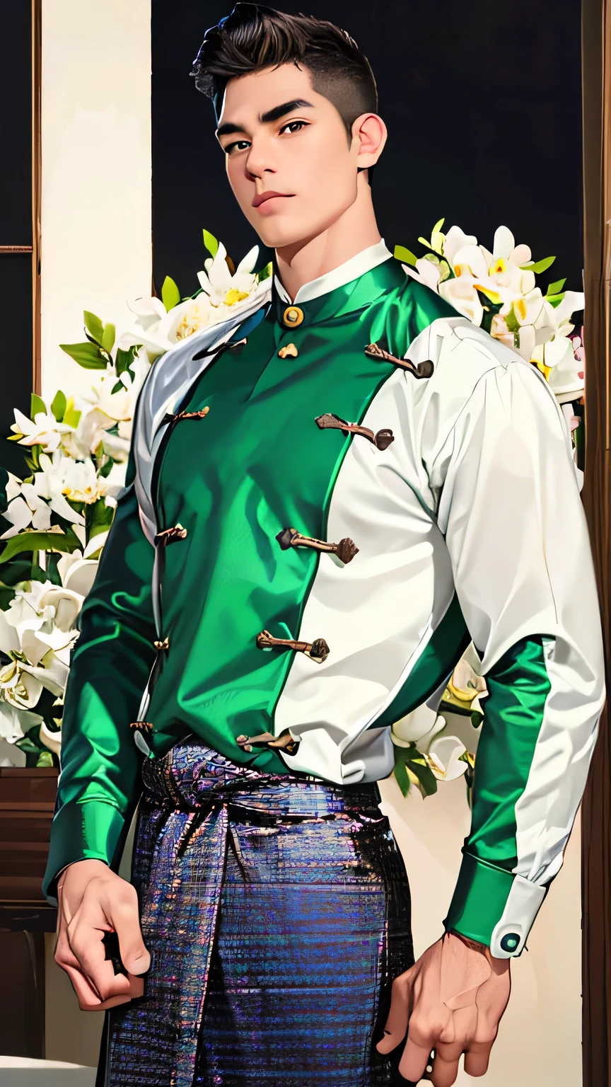 (absurdres, highres, ultra detailed, realistic, ), 1 male, solo, tall muscular guy, broad shoulders, handsome, (very short hair:1.4), angular jaw, thick neck, thick eyebrows, closed mouth, extremely detailed, wearing ((acmm mc outfit, wearing acmm mc outfit, long sleeves, buttons, wearing acmm long longyi)), holding flowers.