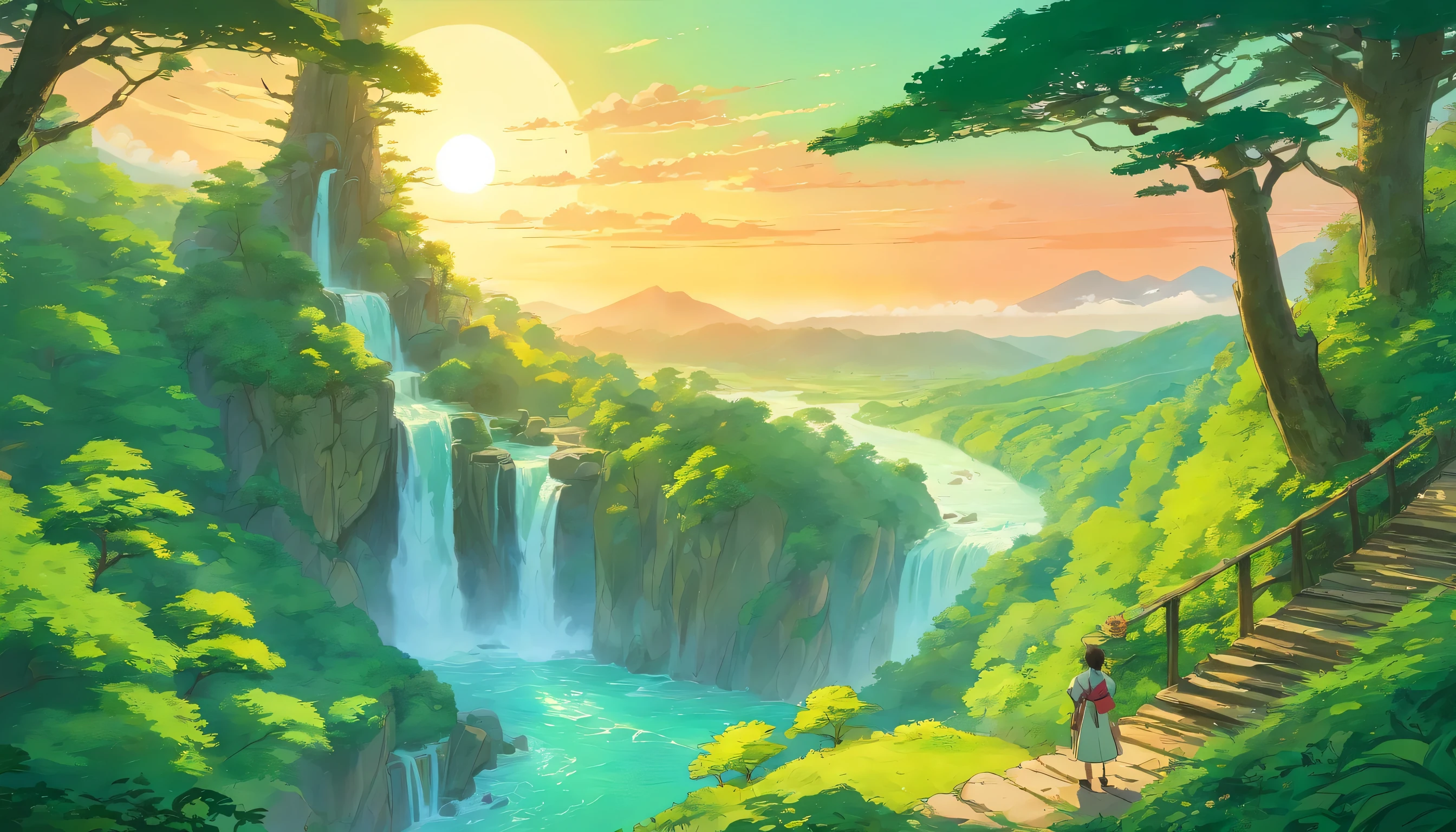 Chinese Landscape Ink Painting high Angle Perspective OC Rendered Sculpture, green forest, one big tree on side, waterfall and river on side, sunset vibes with sun, dream fantasy, 4K