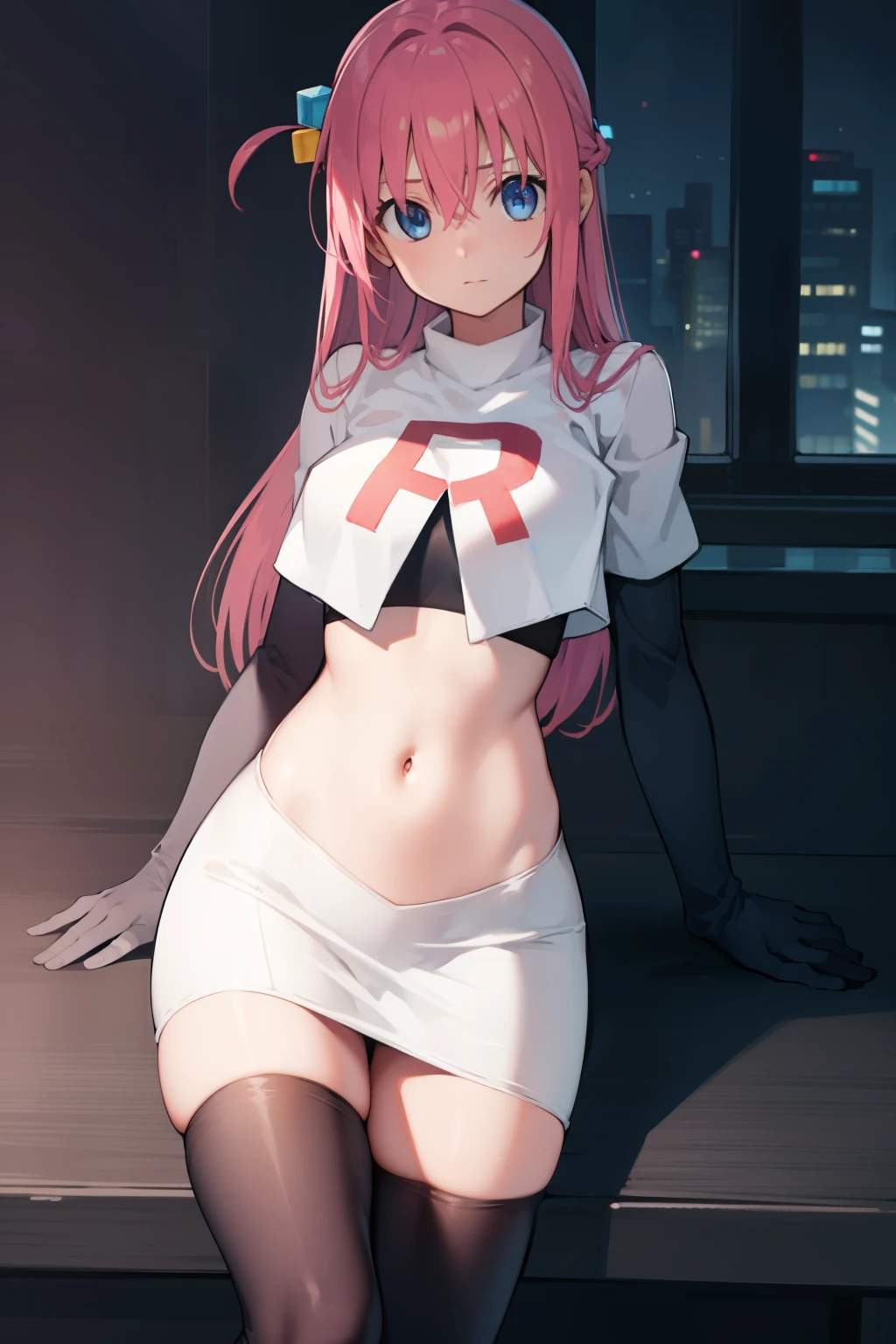 hitorigotou, hitori gotou, blue eyes, cube hair ornament, hair between eyes, hair ornament, pink hair, one side up, long hair,
BREAK team rocket,team rocket uniform,white skirt,red letter R,crop top,black thigh-highs,black elbow gloves,
BREAK looking at viewer,
BREAK (masterpiece:1.2), best quality, high resolution, unity 8k wallpaper, (illustration:0.8), (beautiful detailed eyes:1.6), extremely detailed face, perfect lighting, extremely detailed CG, (perfect hands, perfect anatomy),