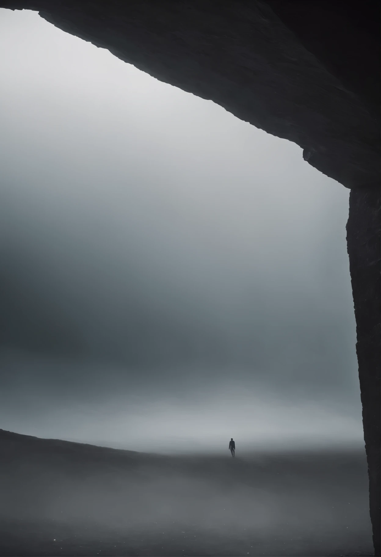 A huge plain flat land of glossy marble ground fills the foreground extending vast beyond what they eye can see as it enters the fog, on the marble flat land is a 50ft tall rectangular black portal showing a new world filled with storm clouds and lightning, at the base of the portal door is a silhouette of a futuristic bounty hunter ready to leap into the portal without fear, cinematic, dreamlike, cinematic