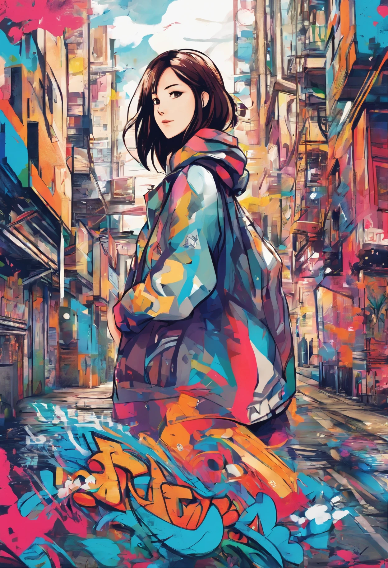 Oil Style,Graffiti Comics、digitalart、1990s anime style、shoulder length staight Bob hair、Japan beautiful girl、18year old,slim
