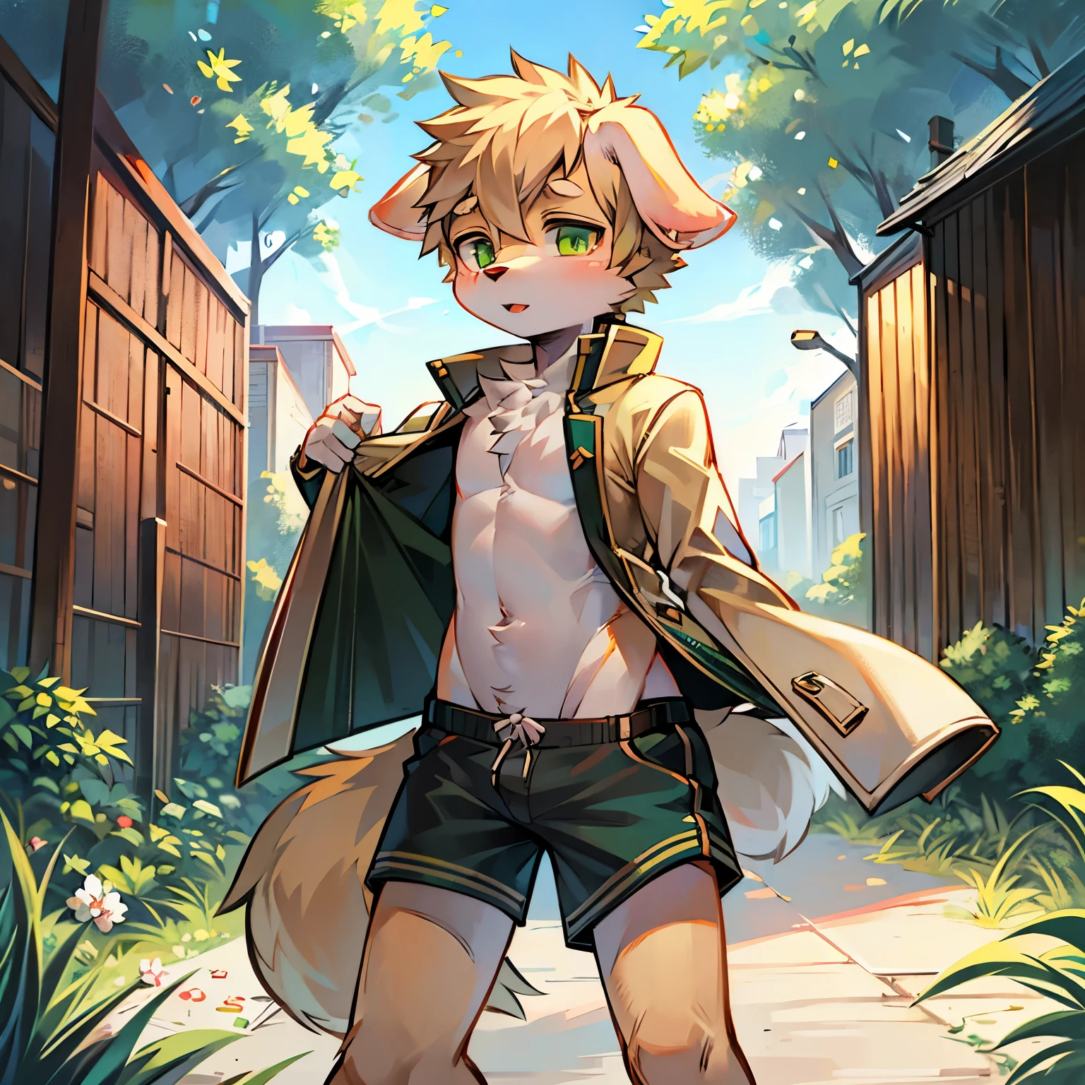 Bright outside,dog boy,dog lop ears,dog tail,male focus,furry men,Characteristics of a three-year-old boy,Furry Shota,Bright Eyes,green pupils,coat,shorts