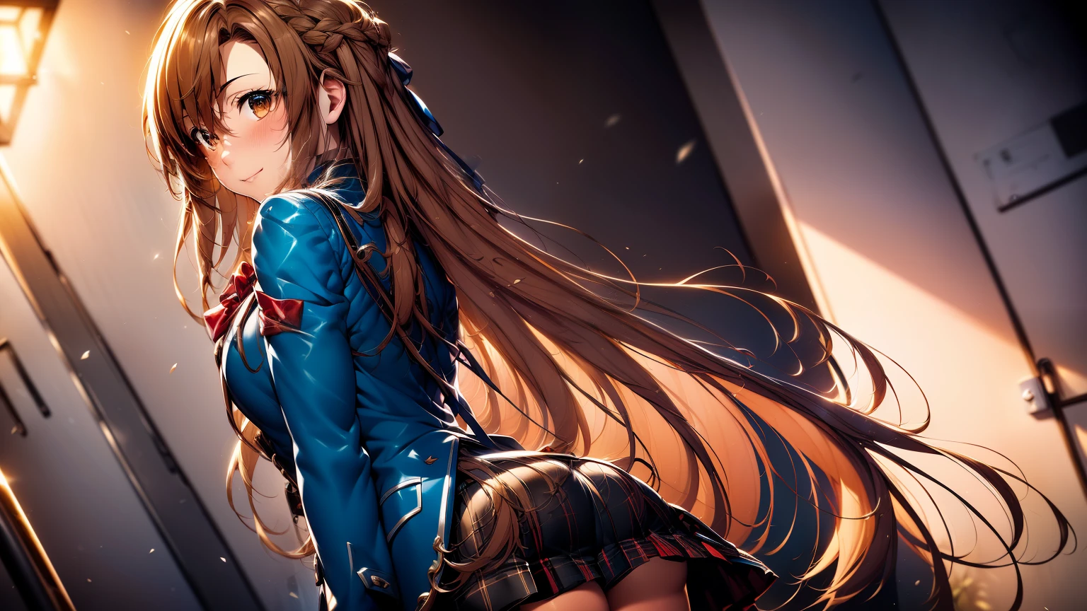 ((table top, highest quality, High resolution, nffsw, perfect pixel, 4k, nffsw, nffsw))), 1 girl, asuna,single, alone, beautiful woman、I could see the whole body、 ((brown eyes, beautiful eyelashes, realistic eyes)), ((detailed face, blush:1.2)), ((smooth texture:0.75, realistic texture:0.65, realistic:1.1, Anime CG style)), medium breasts, dynamic angle, perfect body, ((red bow tie, school uniform, black jacket, open jacket, brown cardigan, white shirt, black skirt, plaid skirt)), city stairs、Looking up from the bottom of the stairs、Very embarrassing panic smile, looked back、lean forward、(The wind flipped my skirt and exposed my butt.........................、touch your butt with both hands、pink floral lace panties)、