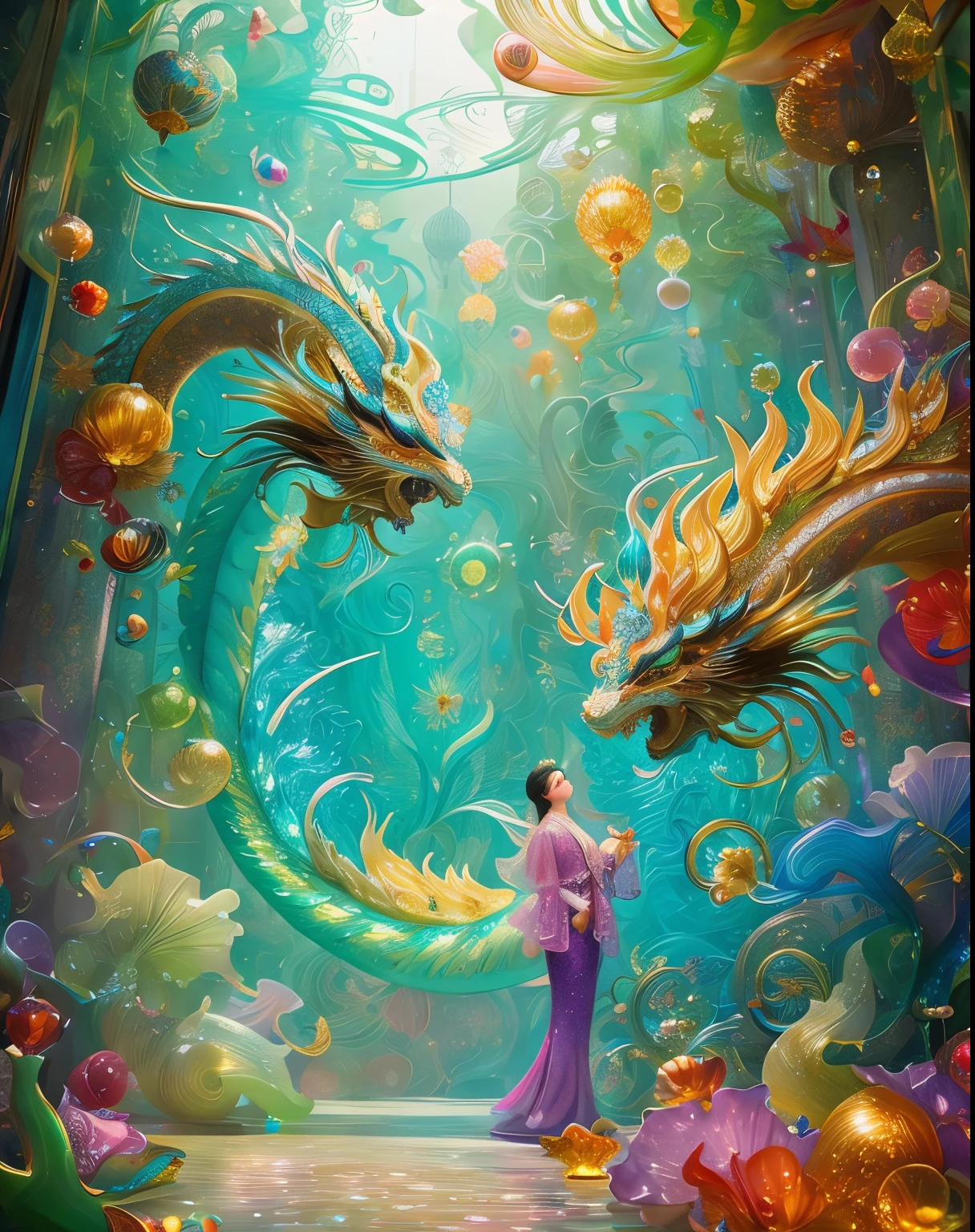 glitters, (chinesedragon),Textured, Intricate, opulent, shadowing, Light pastel colors, Highly detailed, Decorative style, author:Tim Burton, By Dale Chihuly, author:Hsiao-Ron Cheng, author:Cyril Rolando, by h. r. Giger