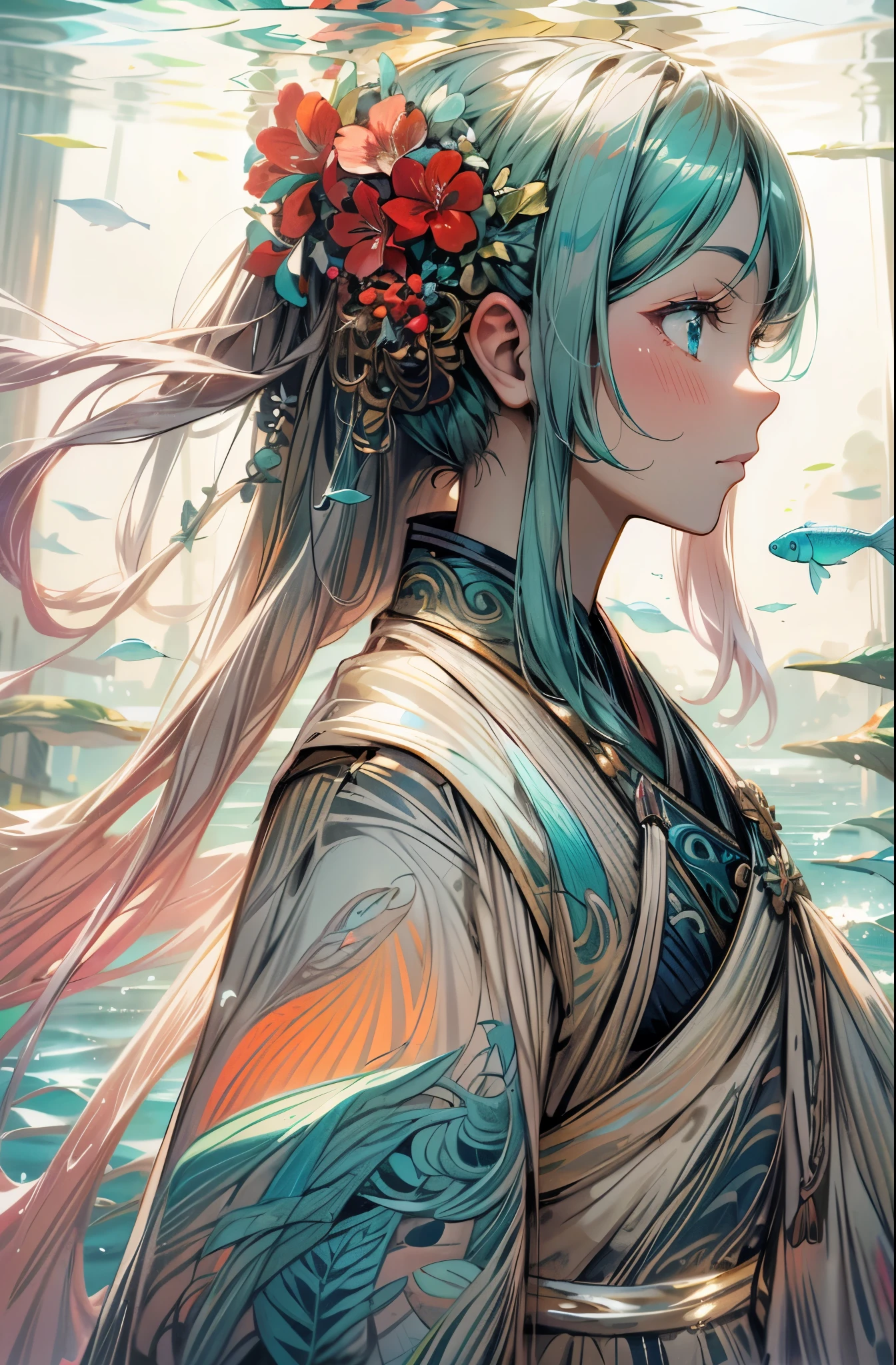 Messy painting style，（tmasterpiece，Best quality：1.2），（Under water，ssee-through，from below：1.5），8K，RAW photos，1 female avatar，curlies，Long hair fluttering in the water，Long curlies flutter in the water,hoang lap，ocean floor，Under water，requirements，carp，Beautiful coral reef，Rochaany very small fish，Colorful tropical fish，light  leaks，depth of fields，amazing scenery，Long hair dancing in the wind，Female long hair，Long hair fluttering in the water，filmgrain，color difference，dynamic lighting，dramatic lights，HighDynamicRange，realistically，filmgrain，color difference，A high resolution，hyper-detailing，finely detailled，The content is very detailed，cel shadow， tack sharp focus，recife，Colorful fish and marine life are everywhere，Clear turquoise water，sunlight through surface，Create a magical and ethereal atmosphere，illuminations，Watercolor painting begins