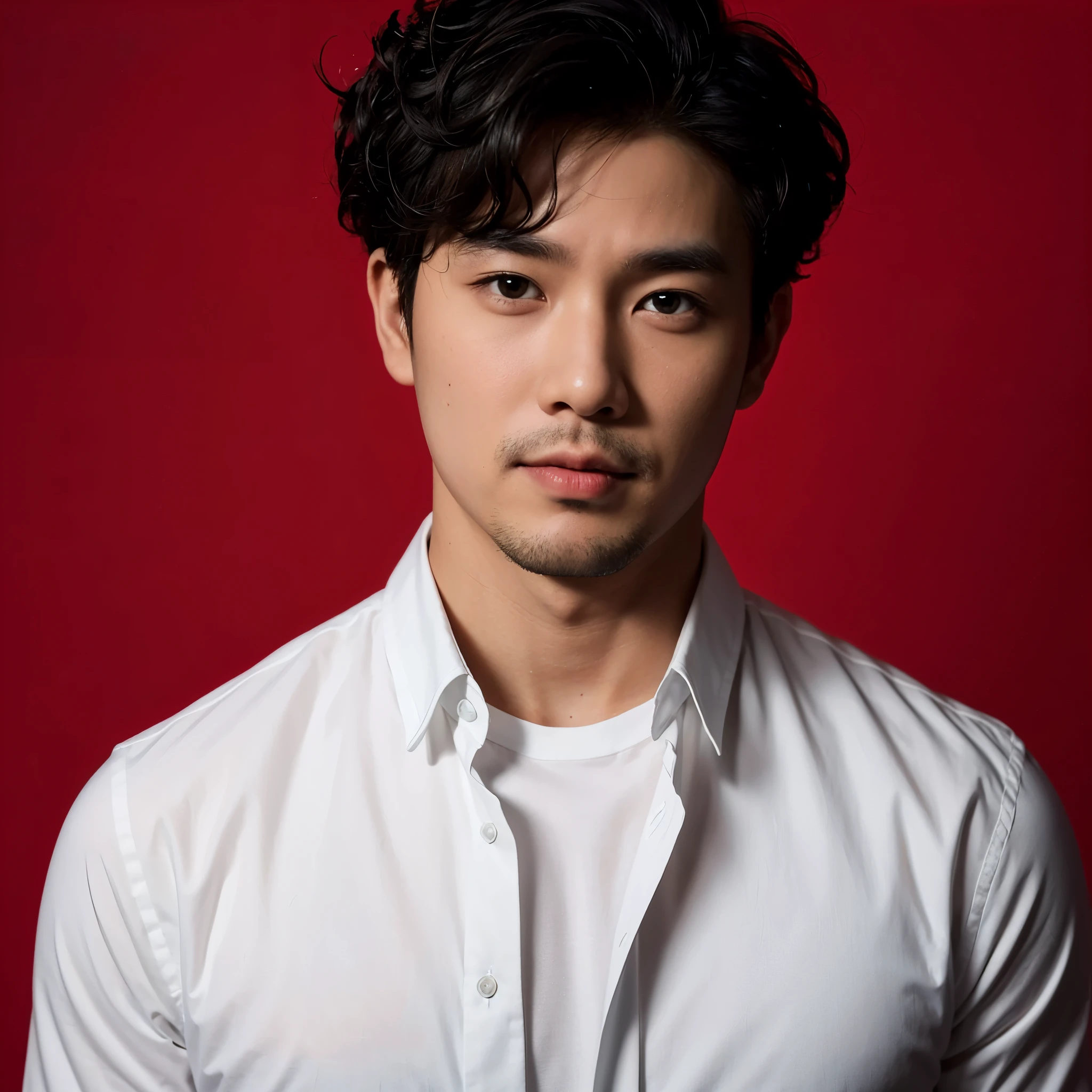 half body, close up photo of 35 year old Asian man with short curly hair, white shirt, red background, studio photo, for fitting photos, sturdy body, formal style, formal photos