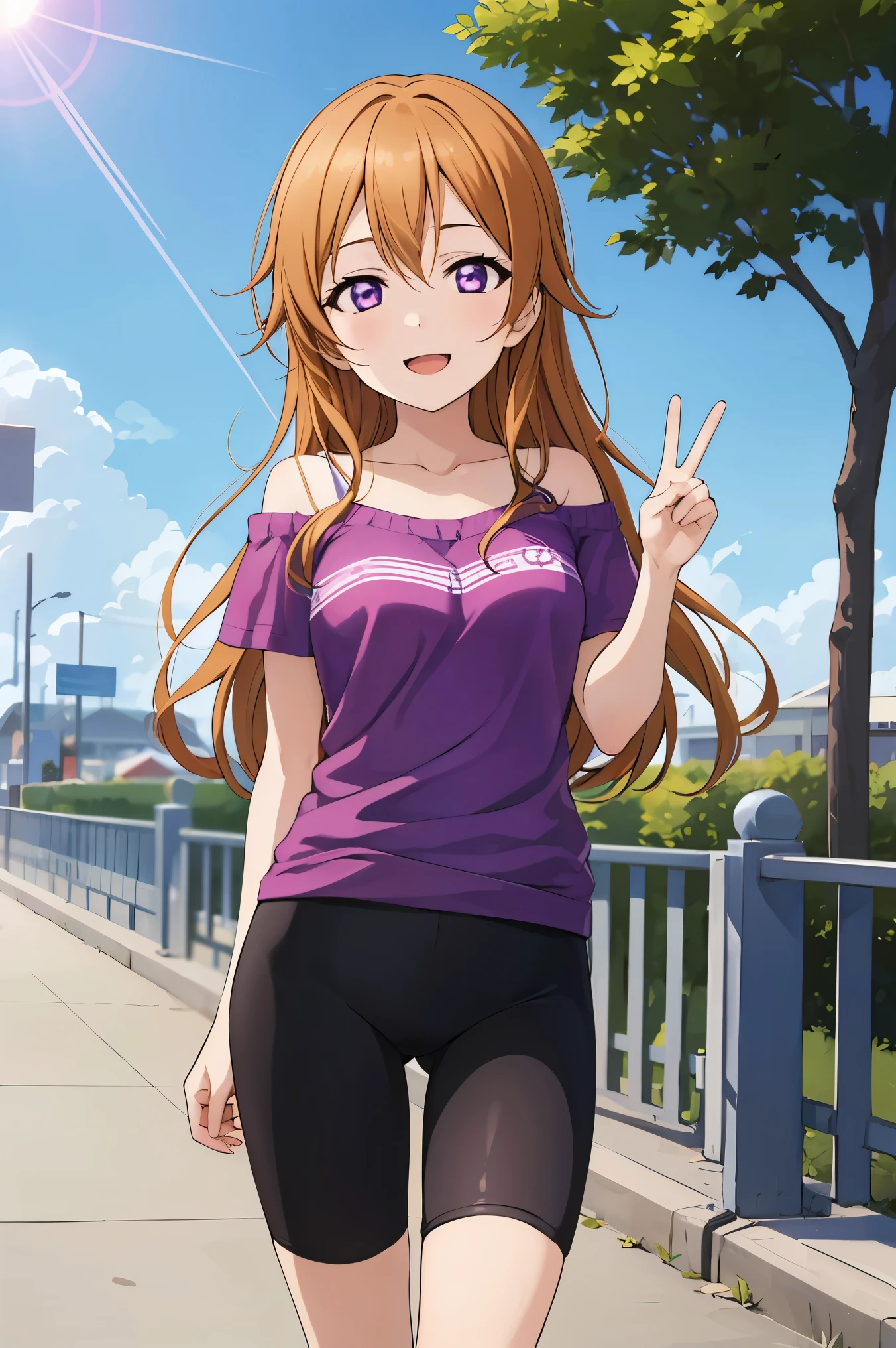 (best quality, masterpiece:1.2), (1girl, solo:1.2), cute, smile, detailed background, (looking at viewer, solo focus:1.2), light on face, sky, blue sky, cowboy shot, sunlight, lens flare, depth of field, scenery, open mouth,
Kanata konoe, long hair, purple eyes, blonde hair, straight hair, off shoulder, light purple shirt, t-shirt short, short sleeves, bike shorts, black bike shorts, standing, two peace sign, solo focus,