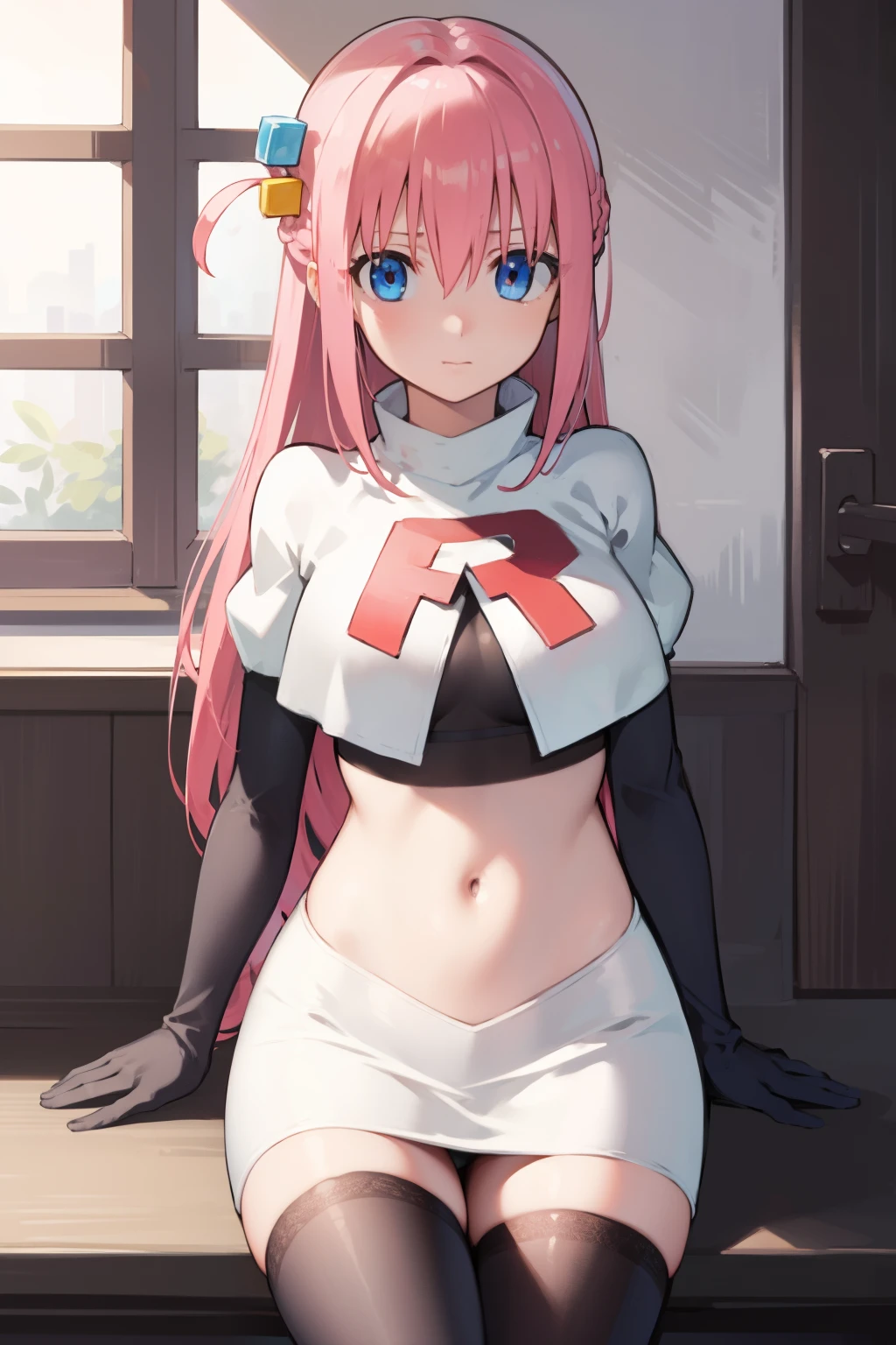 hitorigotou, hitori gotou, blue eyes, cube hair ornament, hair between eyes, hair ornament, pink hair, one side up, long hair,
BREAK team rocket,team rocket uniform,white skirt,red letter R,crop top,black thigh-highs,black elbow gloves,
BREAK looking at viewer,
BREAK (masterpiece:1.2), best quality, high resolution, unity 8k wallpaper, (illustration:0.8), (beautiful detailed eyes:1.6), extremely detailed face, perfect lighting, extremely detailed CG, (perfect hands, perfect anatomy),