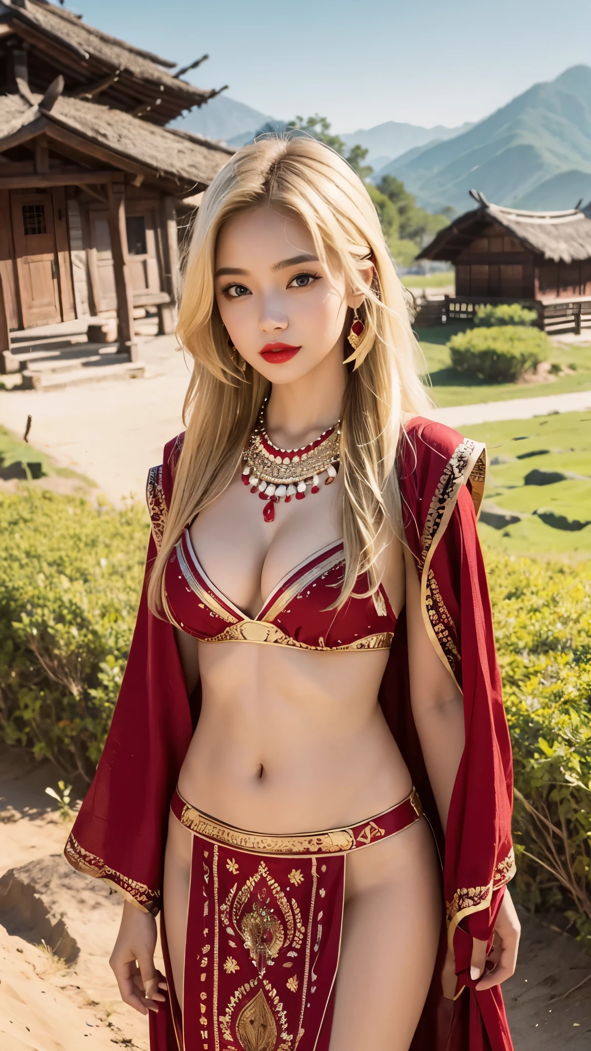 beautiful girl, american makeup, american girl, red lips, blonde hair, sexy indian costume, indian village landscape,