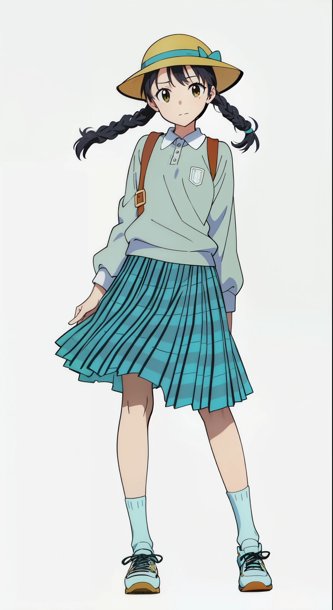 (white background:1.0), (best quality:1.0), (masterpiece:1.0), (super fine illustration:1.0), (beautiful artwork:1.0), (anime screencap:1.0), (official art:1.0), (full body:1.0), (solo:1.0), (ESGA:1.0), (a cute girl:1.25), (yellow hat:1.25), (red backpack:1.0), (long skirt:1.0), (green tartan skirt:1.0), (pleated skirt:1.0), (aqua blue polo shirt:1.0), (long sleeve polo shirt:1.0), (sneakers:1.0), (white socks:1.25), (ideal ratio body proportions:1.25), (lanky:1.25), (tall:1.25), (slender:1.25), (small breasts:1.25), (smaller face:1.25), (tareme:1.5), (detailed beautiful eyes:1.0), (detailed beautiful face:1.0), (glowing black eyes:1.0), (short hair:1.0), (twin braids:1.0), (black hair:1.0), (looking at viewer:1.25)