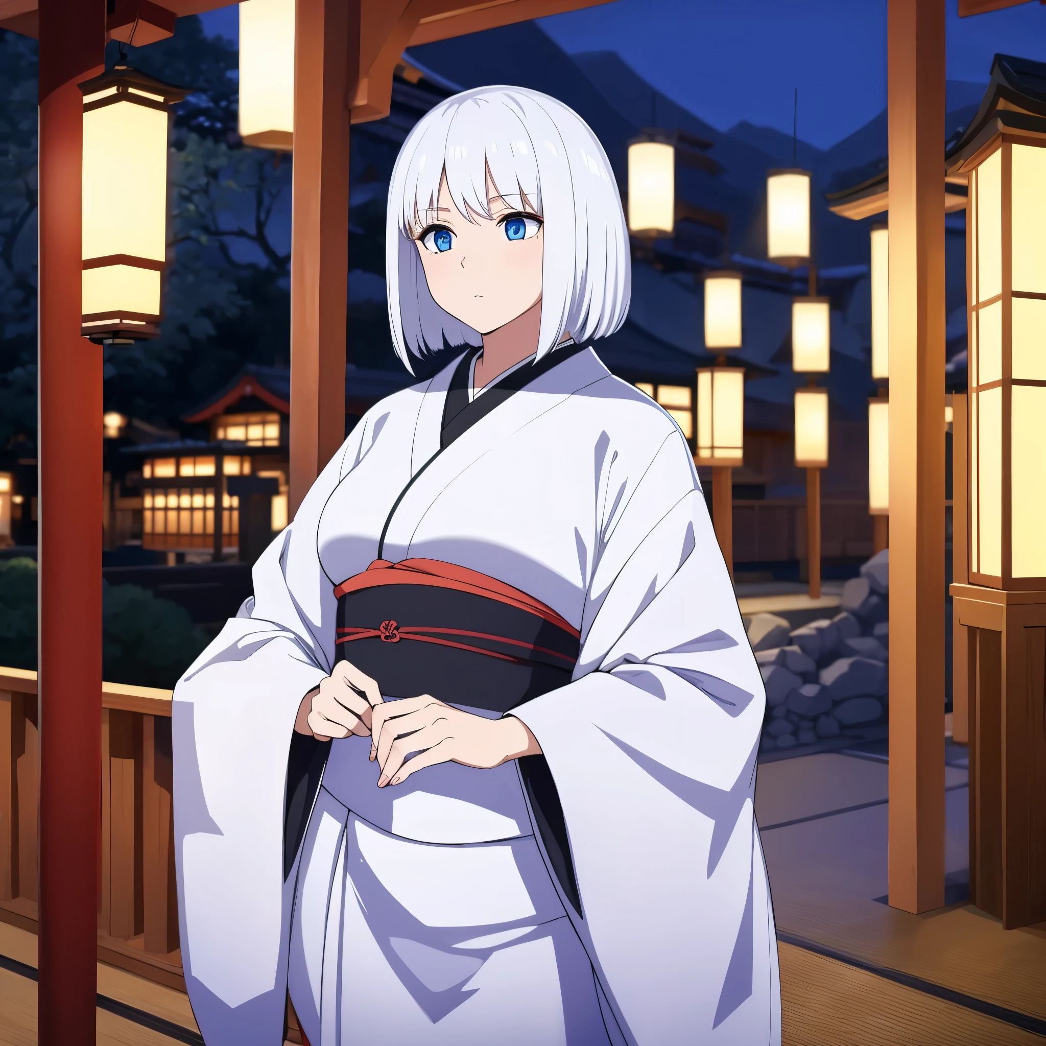 a woman in kimono white, in a japanese at night, hair white, eye blue.