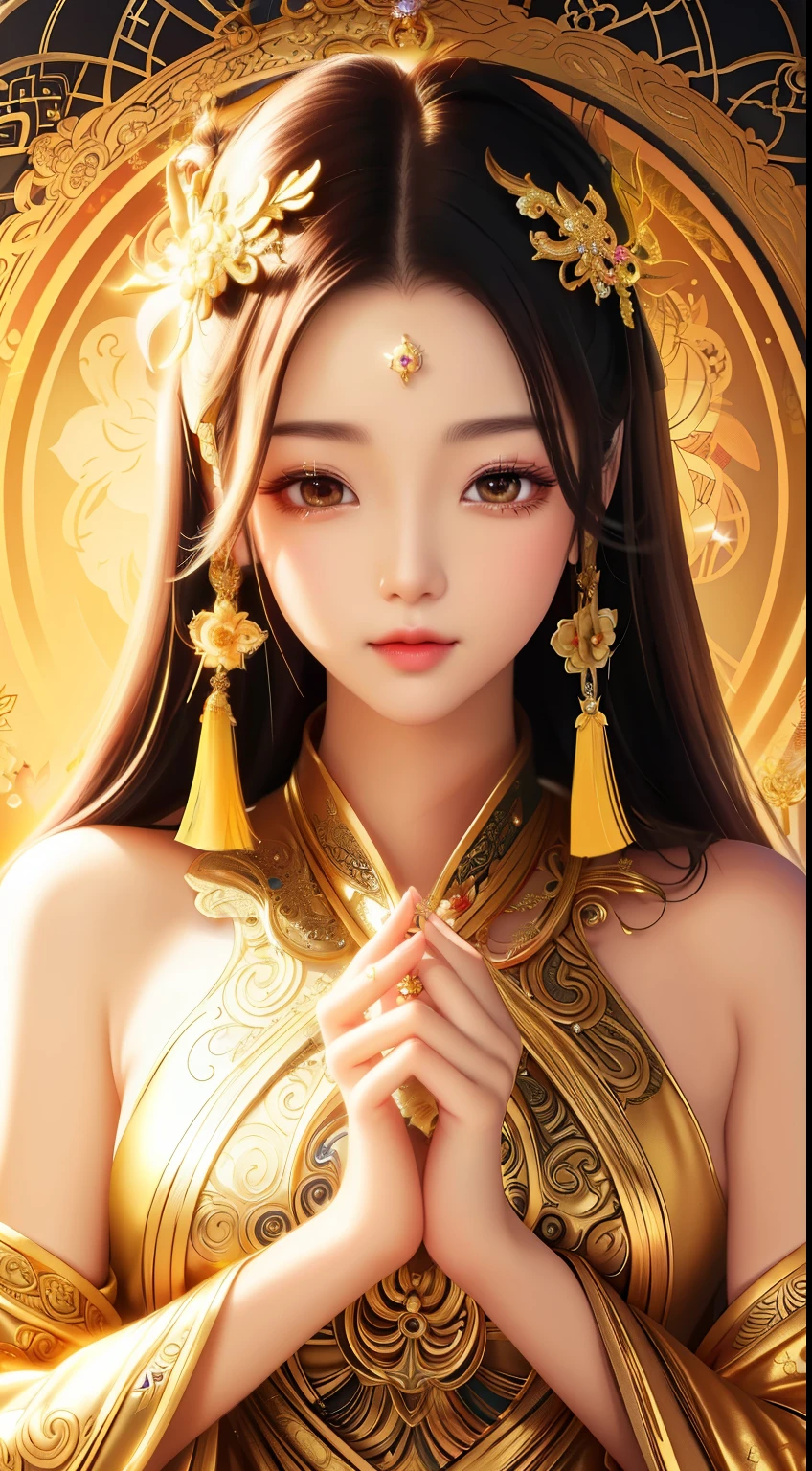 Close-up of a woman in a gold dress with a gold cross on her forehead, ((beautiful fantasy empress)), beautiful fantasy empress, golden lotus princess, anime goddess, Inspired by Woo Bin, japanese goddess, Beautiful depiction of the Tang Dynasty, Inspired by Xie Sun, art germ. anime illustration, beautiful digital artwork, beautiful goddess