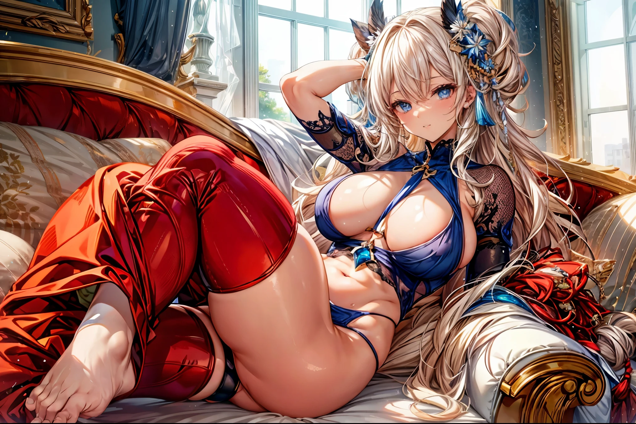 8K high quality、highest quality、anime face、anime eyes、beautiful shining blue eyes、big breasts、Breasts that are about to burst、Lying on the bed and looking comfortable、muscular body、muscular armuscular legs、blonde curly hair、full body bondage style、plump body