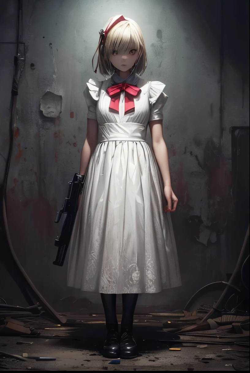 , broken doll mask, white dress, bloody, scars, gun pointing to her head, silent hill inspired design, horror, suicide 