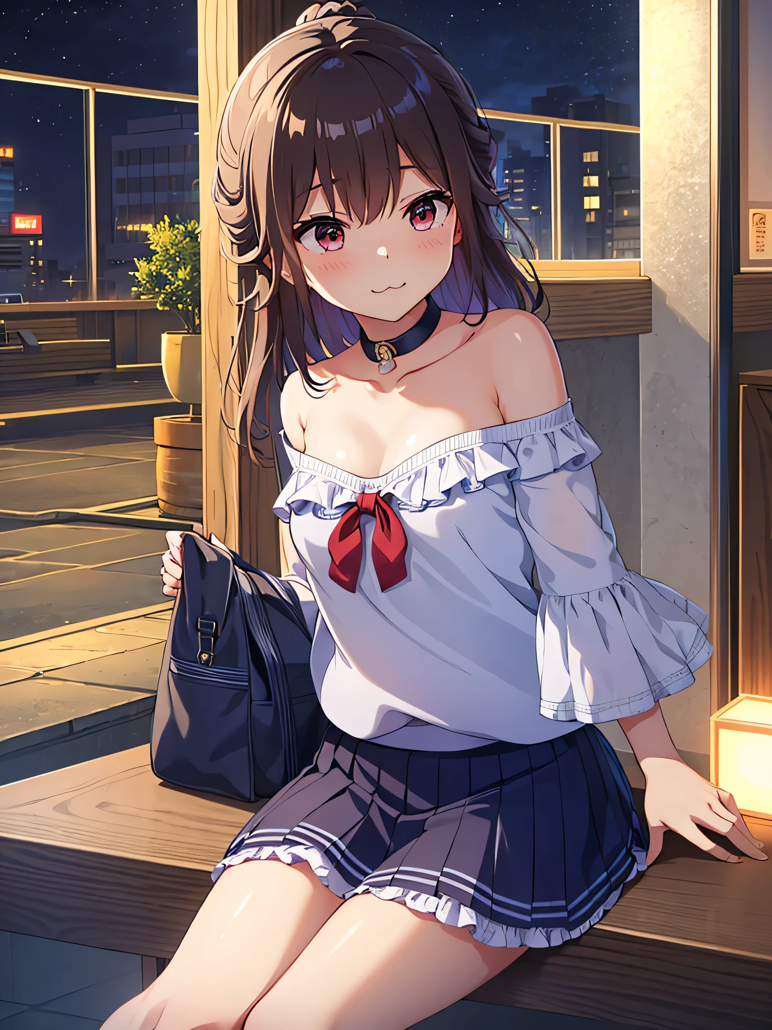 1 girl, 独自of, Chest, 长of_hair, 高抬leg, 红色of_Eye, garter_Shoulder strap, , Smile, 橙色of_hair,  hand表_exist_audience,巨大of_Chest, sitting, 红色of_bow, hand_between_leg, clavicle,  Alcohol, collar, between_leg, off_Shoulder, blush, labcoexist, Bangs, 模糊of, 棕色of_高抬leg, 波浪状of_hair, skirt, 仅有of_Shoulders, closure_Mouth, 模糊of_background, :3, cross-laced_clothing, 红色of_skirt, _username, 黑色of_collar, 黑色of_高抬leg, Open_clothing, depth_of_Place, 