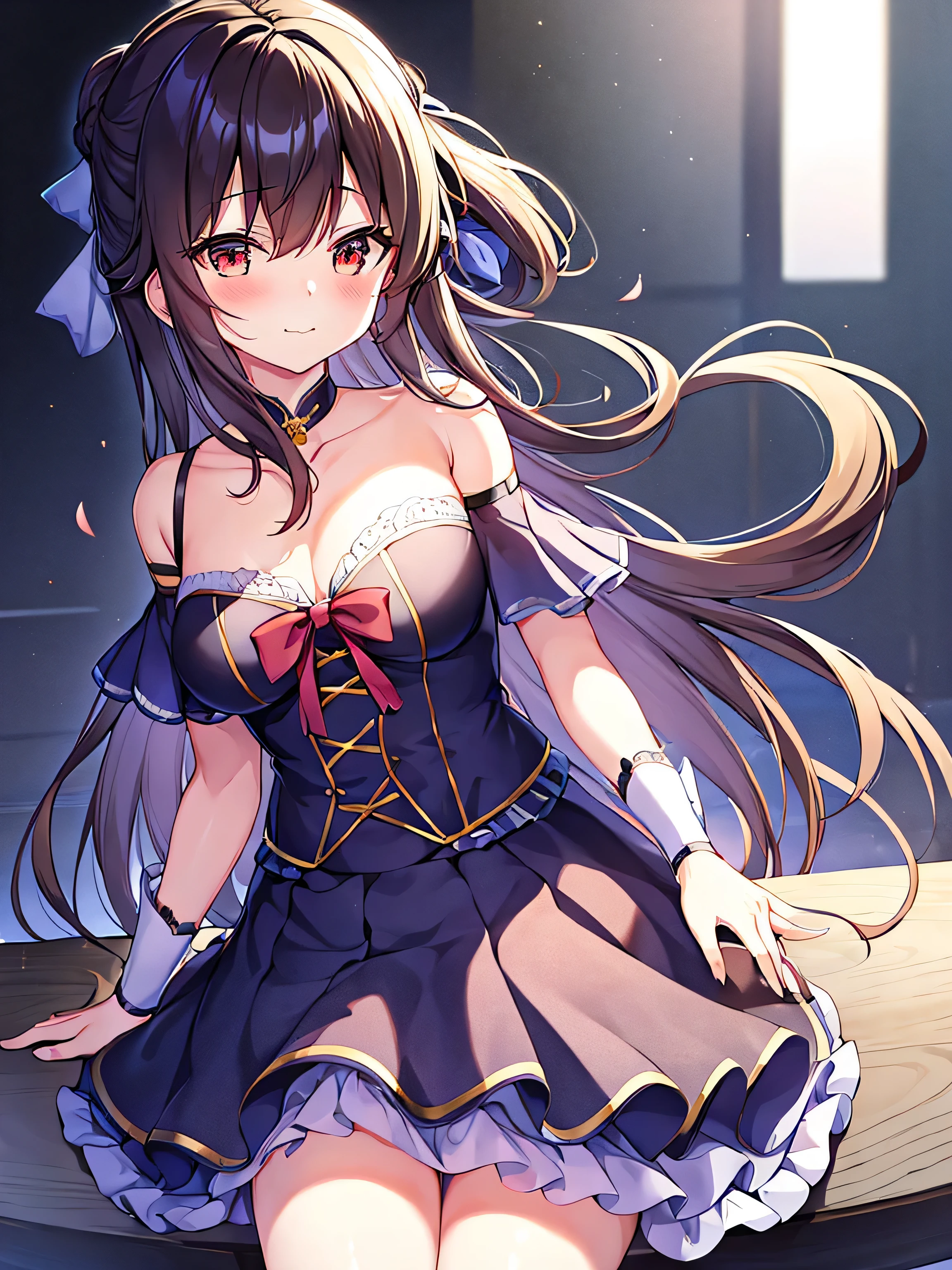 1 girl, 独自of, Chest, 长of_hair, 高抬leg, 红色of_Eye, garter_Shoulder strap, , Smile, 橙色of_hair,  hand表_exist_audience,巨大of_Chest, sitting, 红色of_bow, hand_between_leg, clavicle,  Alcohol, collar, between_leg, off_Shoulder, blush, labcoexist, Bangs, 模糊of, 棕色of_高抬leg, 波浪状of_hair, skirt, 仅有of_Shoulders, closure_Mouth, 模糊of_background, :3, cross-laced_clothing, 红色of_skirt, _username, 黑色of_collar, 黑色of_高抬leg, Open_clothing, depth_of_Place, 