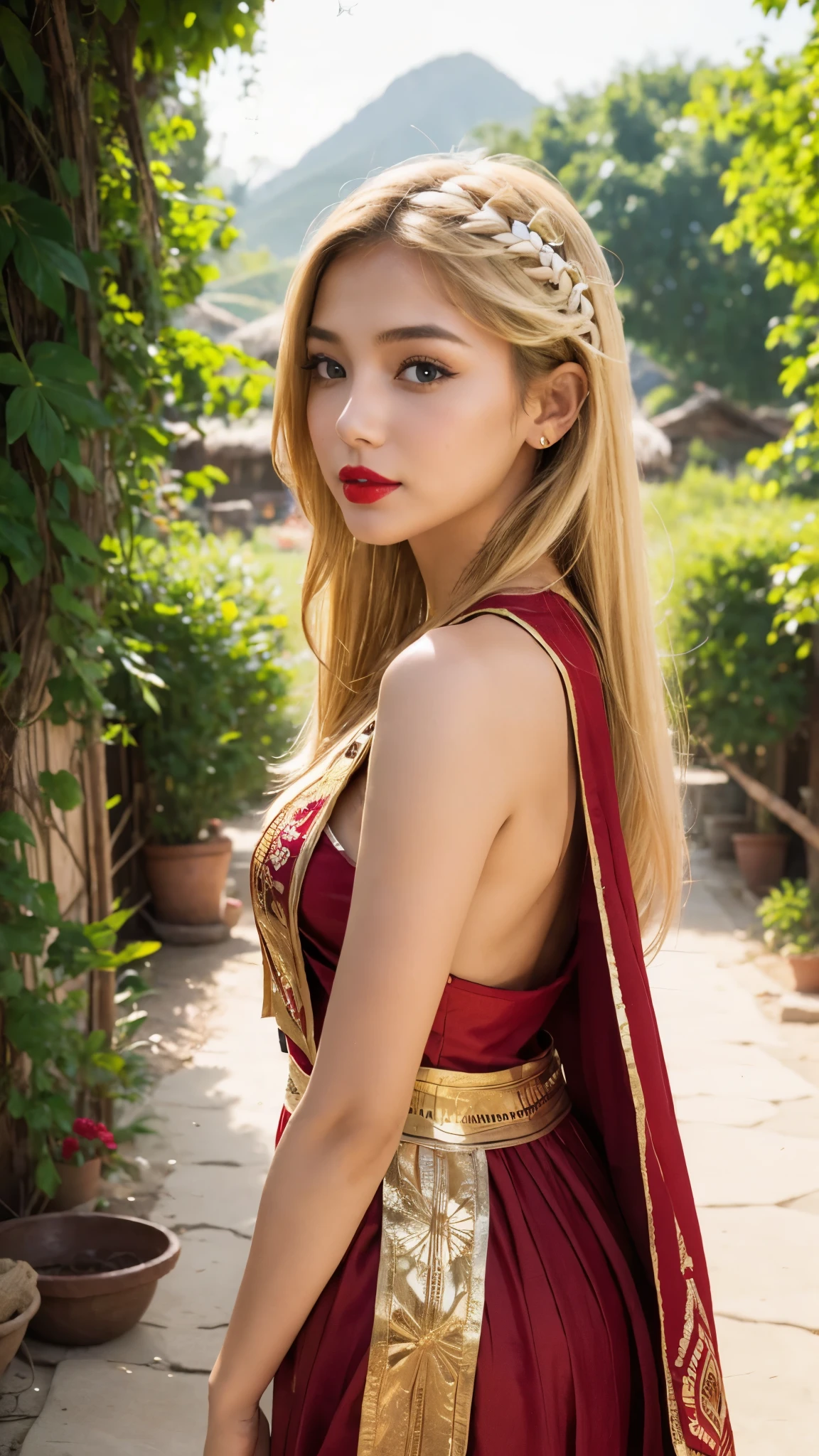 beautiful girl, american makeup, american girl, red lips, blonde hair, sexy indian costume, indian village landscape,