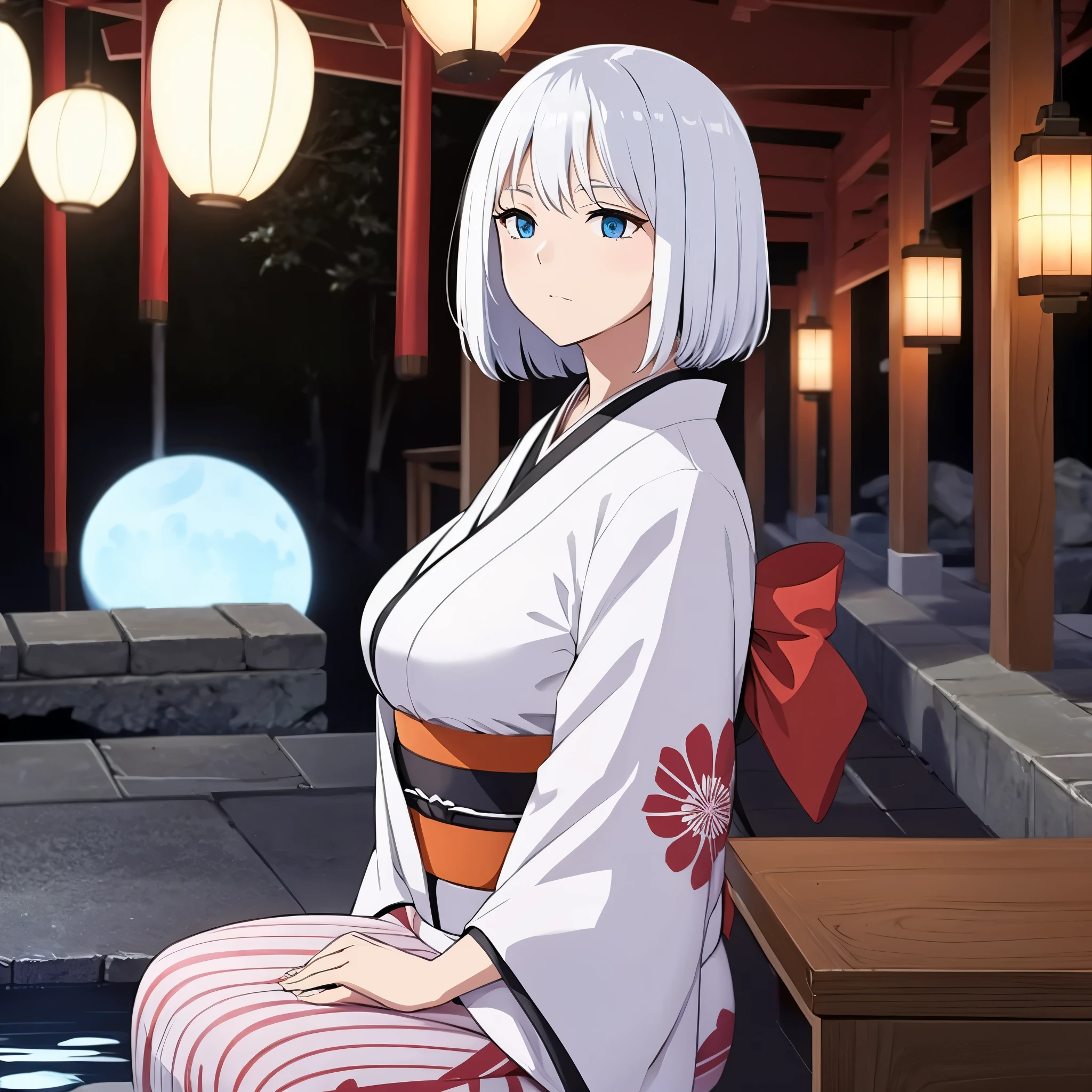 a woman in kimono white, in a japanese at night, hair white, eye blue.
