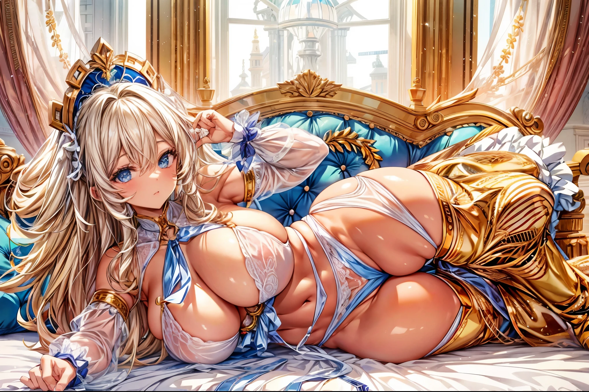 8K high quality、highest quality、anime face、anime eyes、beautiful shining blue eyes、big breasts、Breasts that are about to burst、Lying on the bed and looking comfortable、muscular body、muscular armuscular legs、blonde curly hair、full body bondage style、plump body