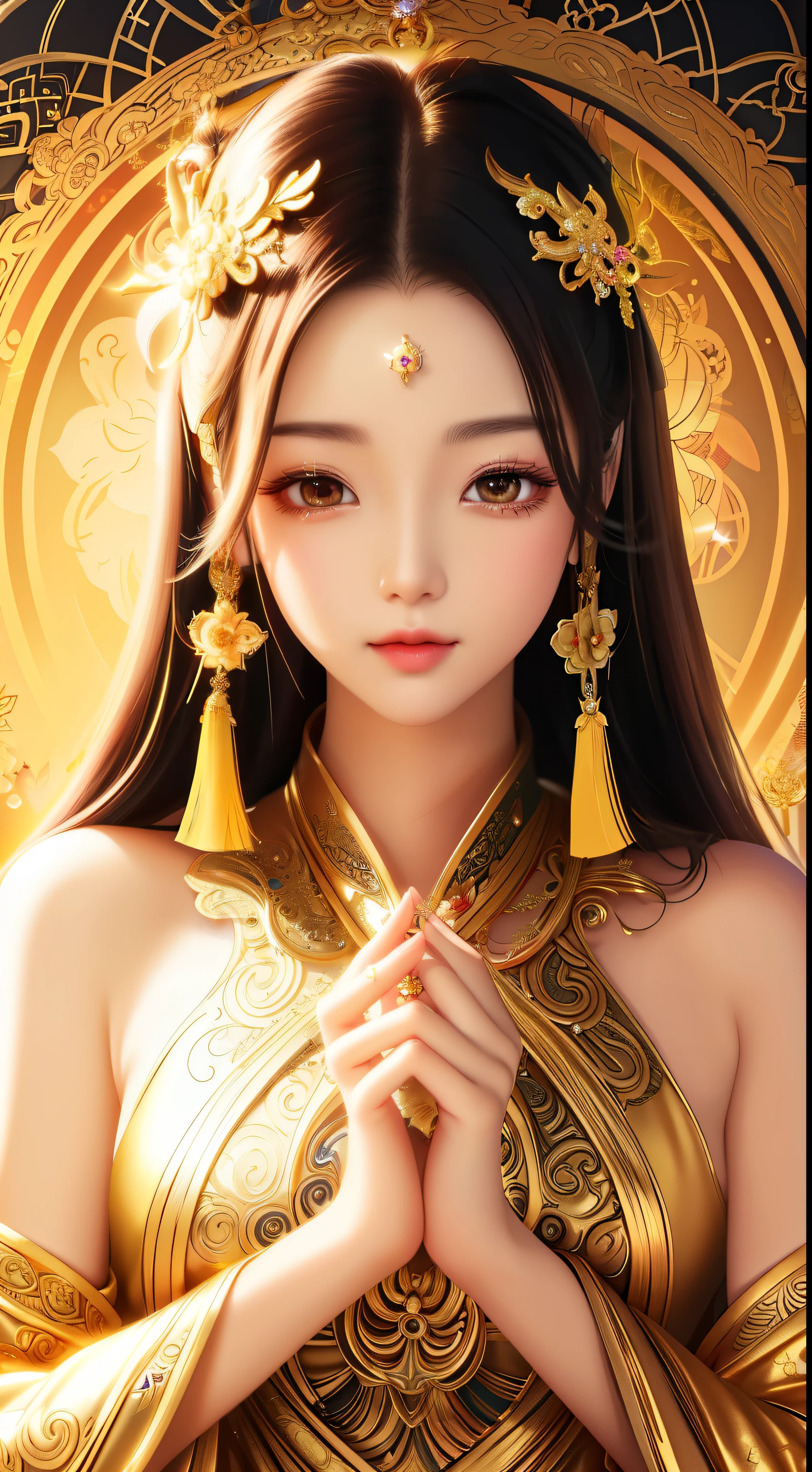 Close-up of a woman in a gold dress with a gold cross on her forehead, ((beautiful fantasy empress)), beautiful fantasy empress, golden lotus princess, anime goddess, Works influenced by Woo Bin, japanese goddess, Beautiful depiction of the Tang Dynasty, Inspired by Xie Sun, germ of art. anime illustration, beautiful digital artwork, beautiful goddess