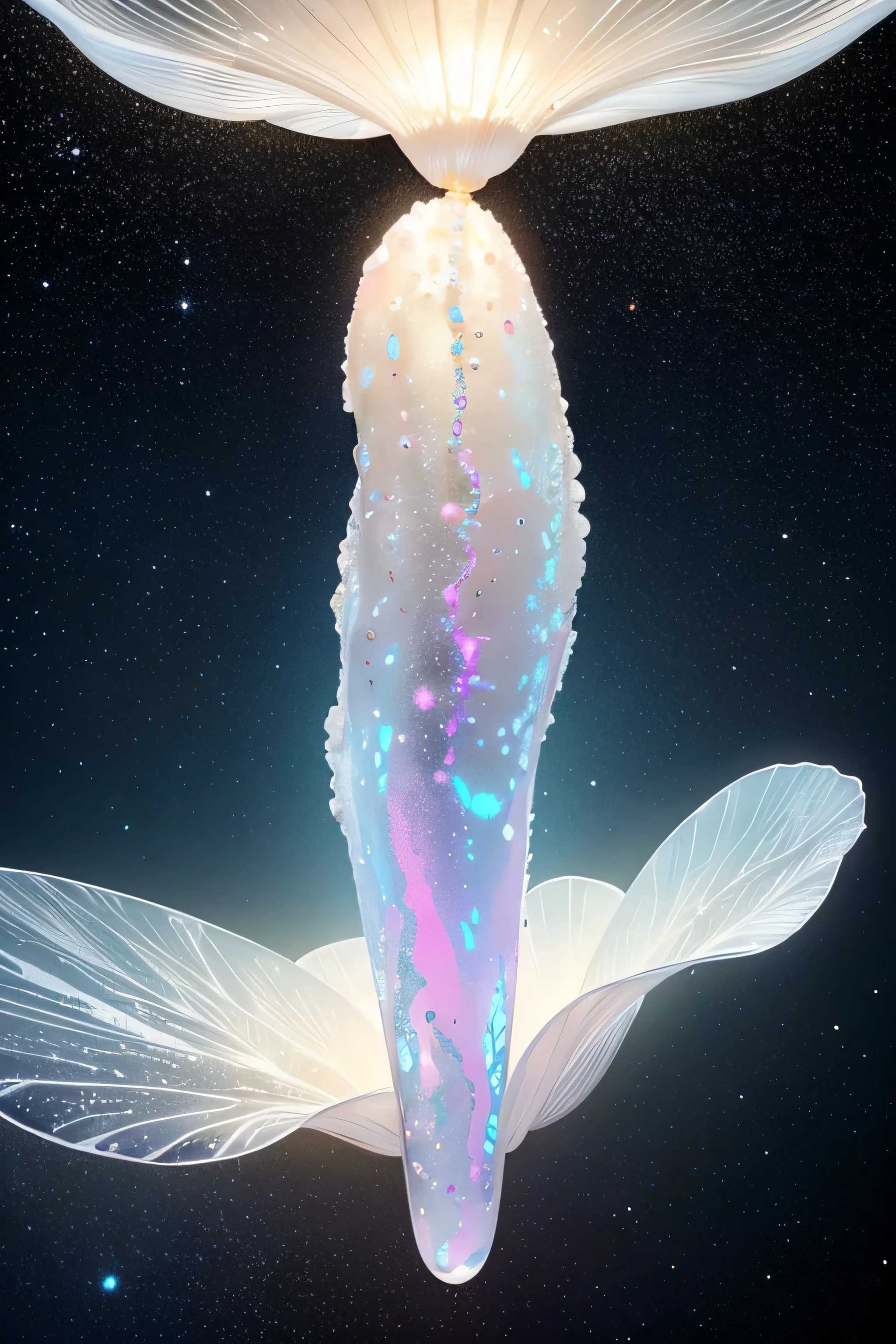 pale and delicate expression　very complex functionality　delicate　The brightness hidden within　alien　beautiful colors　white　Microparticles　realistic　　suspended particles　cellophane paper　covered with a thin translucent membrane　Extremely precise body　Translucent and luminous　spore　milky way　fancher　Full of rainbow-colored translucent mucus　SF　Extraterrestrial life form　Amoeba 　woman&#39;s whole body