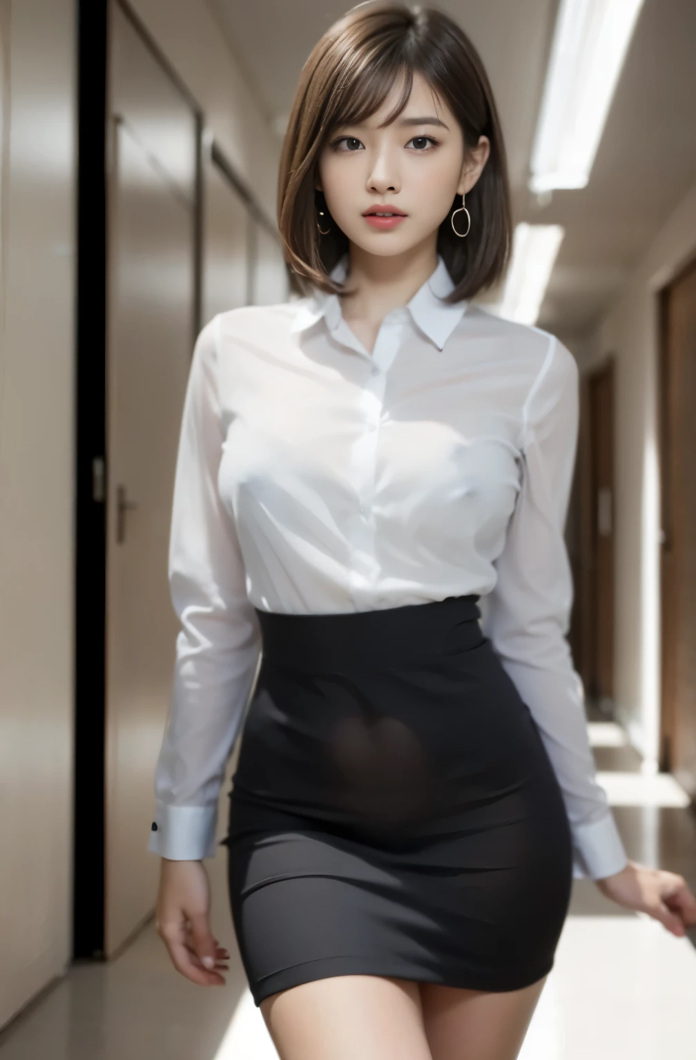 (smile)、I can see your pussy、(nipple見え)、(transparent shirt:1.3)、(In 8K、highest quality、masterpiece:1.2)、(genuine、photorialistic:1.37)、Super detailed、1 girl、cute、beautiful eyes、office、、(nippleが見えてる:1.2)、 (perfect beautiful beautiful face:1.15)、(closed mouth)、細やかなbeautiful eyes、(No underwear:1.1)、、short cut hair、(sheer shirt:1.2)、、(short hair:1.5)、Floating hair NovaFrogStyle、thinボディ、20 year old woman、brown hair、、brown eyes、small head、((G cup))、fashionable girl、beautiful eyes、genuineフェイス、genuineな肌、fine eyes、、(sheer shirt:1.2), dynamic pose、viewer、Beautiful face and breasts, the tip of the chest sticks out。Areola is protruding。The shape of the genitals is clearly visible。lots of eyelashes。black eyeshadow。bright red lips。black sexy high heels。pubic hair。The lower abdomen is bristly。thin。thighs are open。pubic hairたくさん、pubic hairがはみ出てる、 and delicate figure、(At the office)、camel toe、protruding pussy_nipple