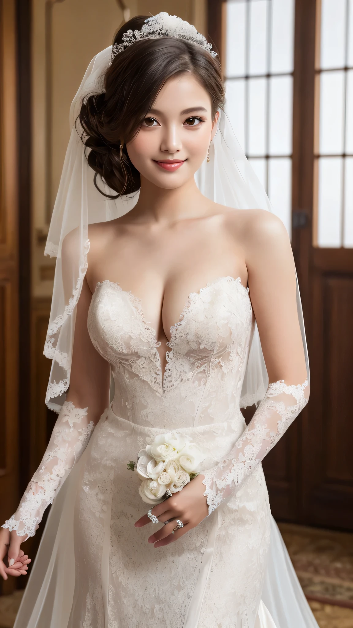 (1girl), ponytail, Extremely cute face, Amazing face and eyes, (Highly detailed eyes, Highly detailed face), fresh, Very clean appearance, (Hyper-realistic, hight resolution), (Best Quality:1.4), (hyper quality), Authentic skin texture, Raw photo, (Realistic, Photorealsitic:1.37), highly detailed, Professional Photography, (beautiful lace bridal dress:1.5), (lace bridal dress with open front), (cleavage:1.2), (Bare shoulders), Smile slightly, (Staring at me), luxury living room, girl portrait,