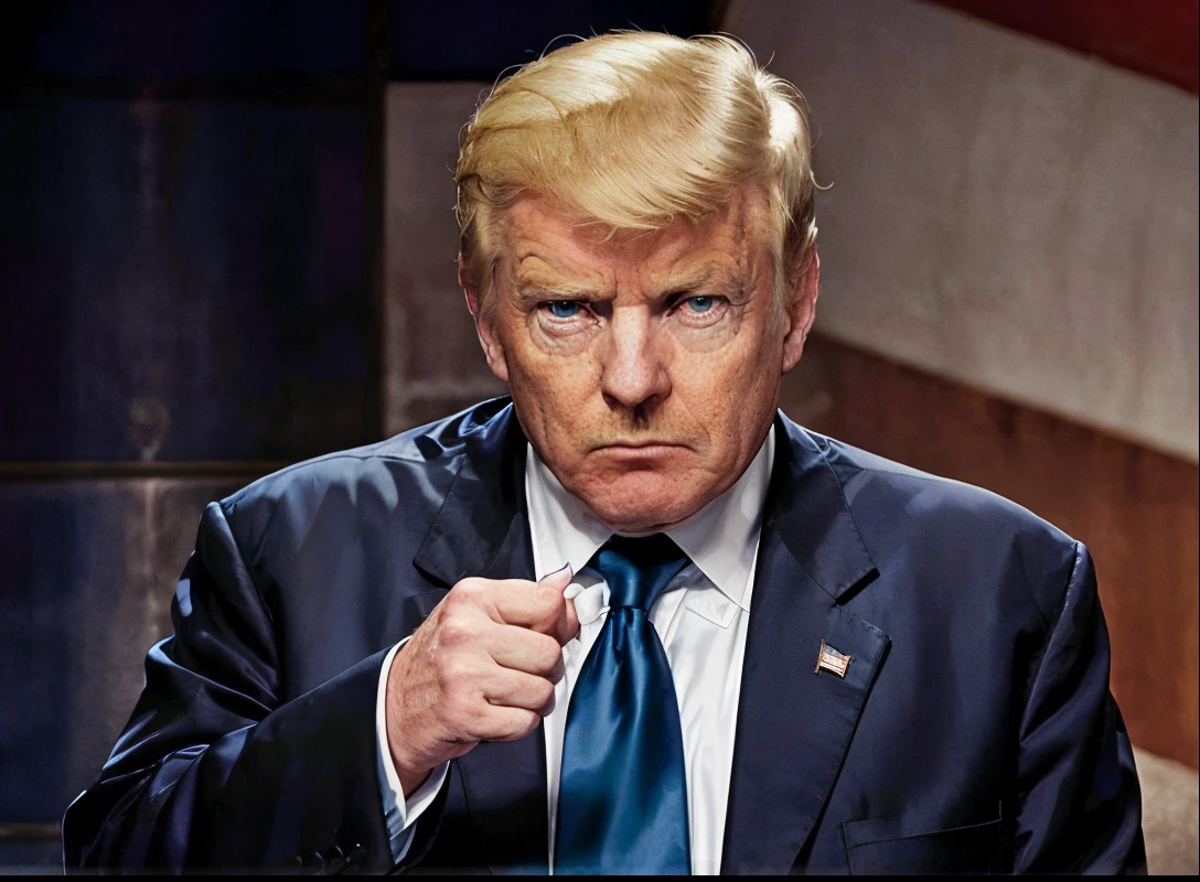 Arafard's image:A man in a suit points at something, photo of donald trump card, handsome donald trump card, donald trump cards sexy face, with fingers, donald trump card, trump card with a gun, president donald trump card, with donald trump card hair, trump card, donald trump card as baron harkonnen, donald trump card's face, donald trump card as gollum, donald trump card face