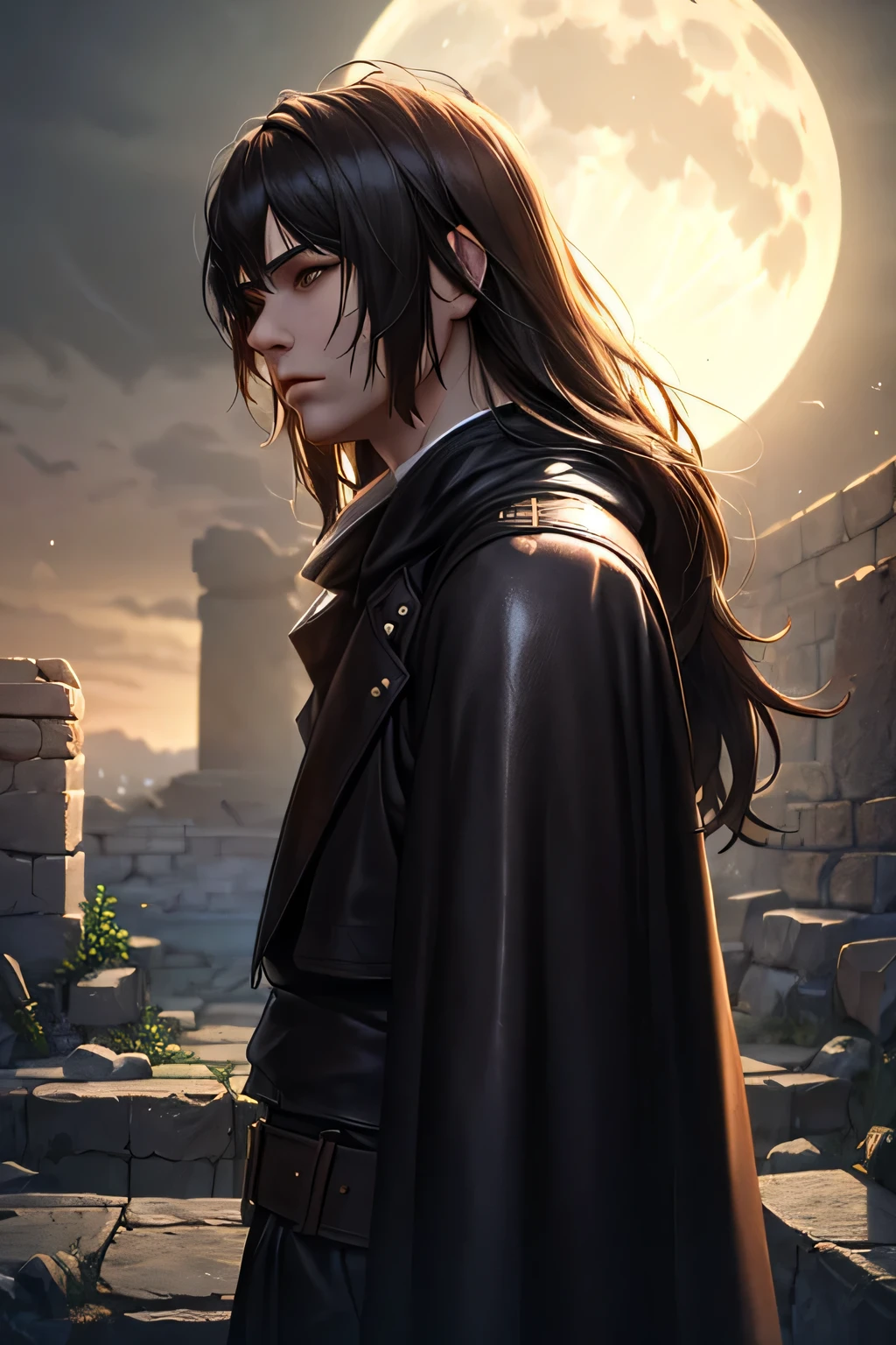 1 man, solo, (dark leather outfit, cloak), dynamic angle, moonlit, stone ruins in background, {{{masterpiece, 8k, absurdres}}}, (rembrandt, midjourney), {unreal engine 5}, realistic, cinematic lighting, {{detailed face, long hair}}, (facing forward)