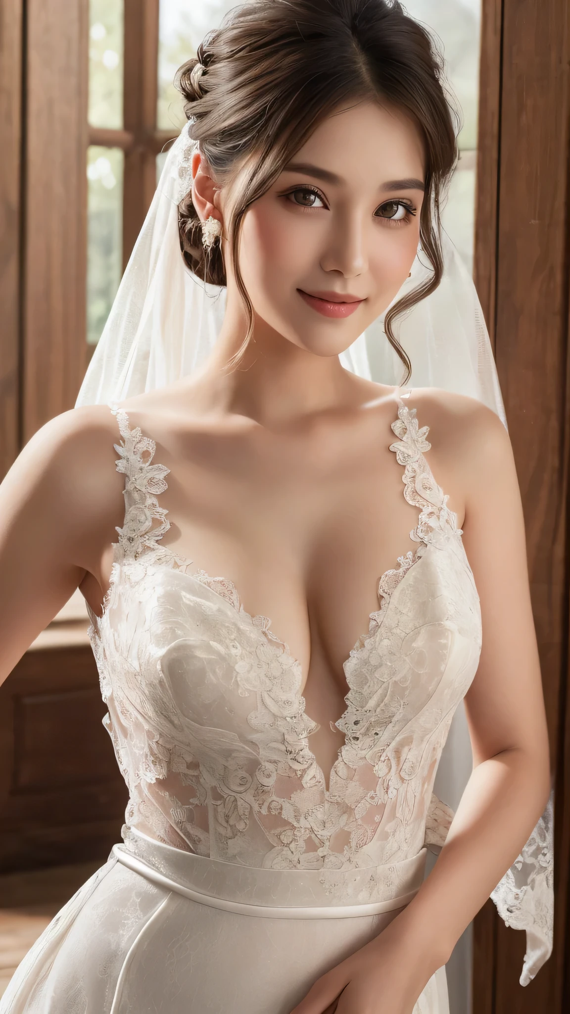 (1girl), ponytail, Extremely cute face, Amazing face and eyes, (Highly detailed eyes, Highly detailed face), fresh, Very clean appearance, (Hyper-realistic, hight resolution), (Best Quality:1.4), (hyper quality), Authentic skin texture, Raw photo, (Realistic, Photorealsitic:1.37), highly detailed, Professional Photography, (beautiful lace bridal dress:1.5), (lace bridal dress with open front), (cleavage:1.2), (Bare shoulders), Smile slightly, (Staring at me), luxury living room, girl portrait,