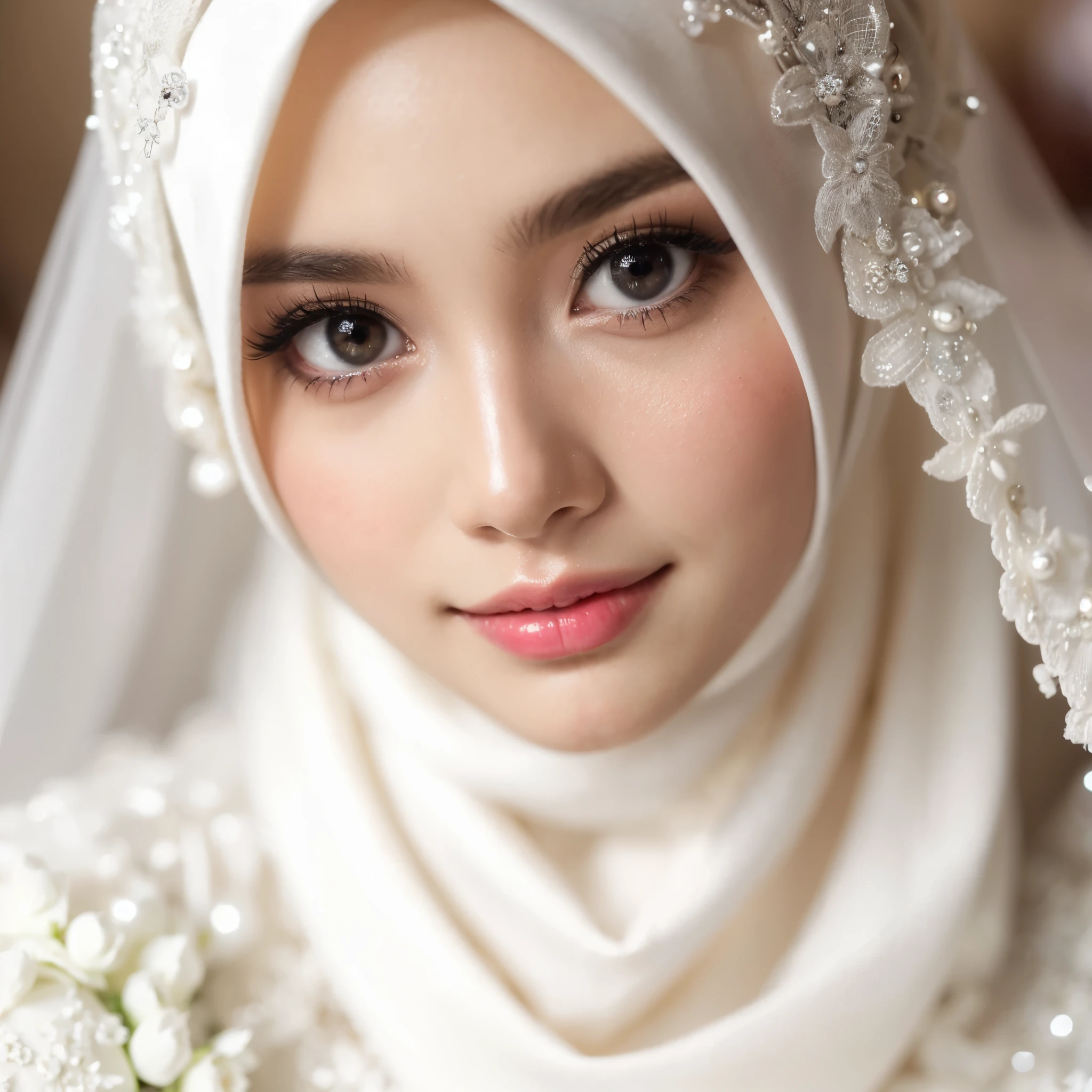 close up of the bride, taking a photo in front of the camera, wearing a white dress with a hijab, macro photo, looks very detailed in the face and eyes, simple natural make up, white lighting from the front, very good photo