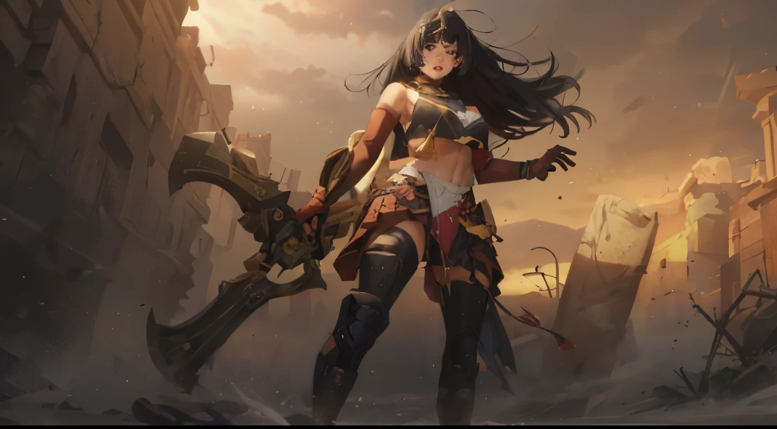 senjumaru shutara, (long hair, bangs, blunt bangs, black hair, sidelocks:1.5), (black eyes:1.5), makeup, lipstick, red lipstick, sweating, glowing eyes, heavy breathing, female focus, breasts, 1girl, weapon, outfit-tsubaki, breast curtain, red skirt, red sailor collar, elbow gloves, huge_breasts, looking_at_viewer, solo, wide_hips, sweating, 