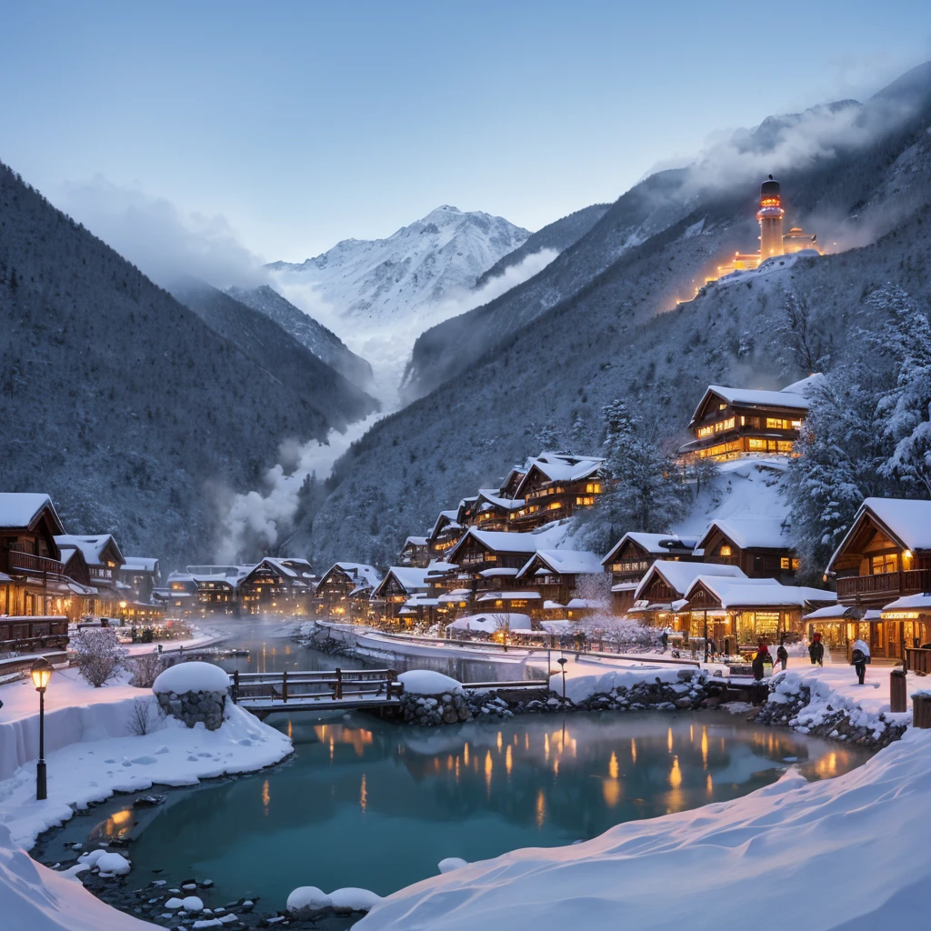 A hot spring resort in winter deep in the mountains, old streets, rising steam, snow, a very small waterfront, illuminations, people walking, stores, and street lights.
