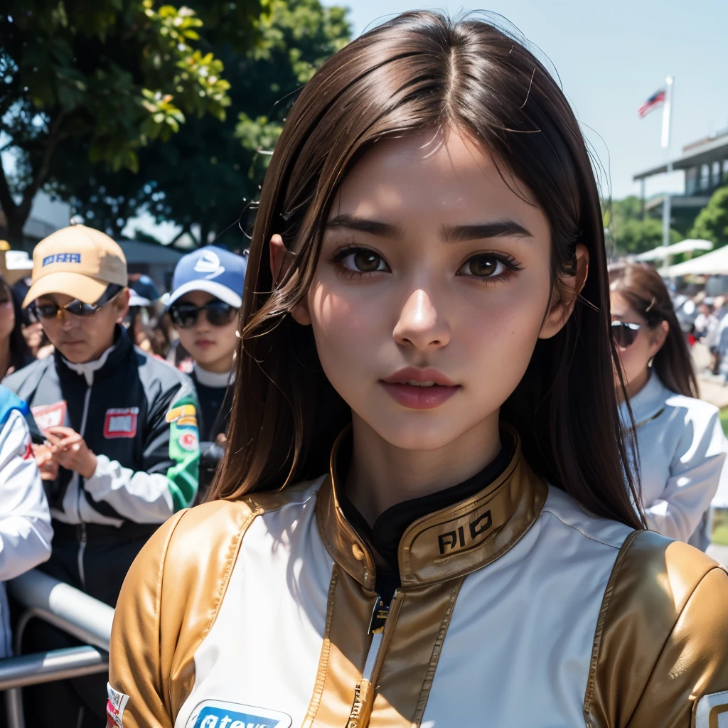 (detailed skin:1.2),(shiny skin:1.1),8k,best quality, masterpiece, ultra high res,(photorealistic:1.4),(soft saturation:1.3),(fair skin:1.2),1woman, young, japanese, brown hair, brown eyes, medium hair, makeup, grid girl uniform, in racing circuit and large crowd
