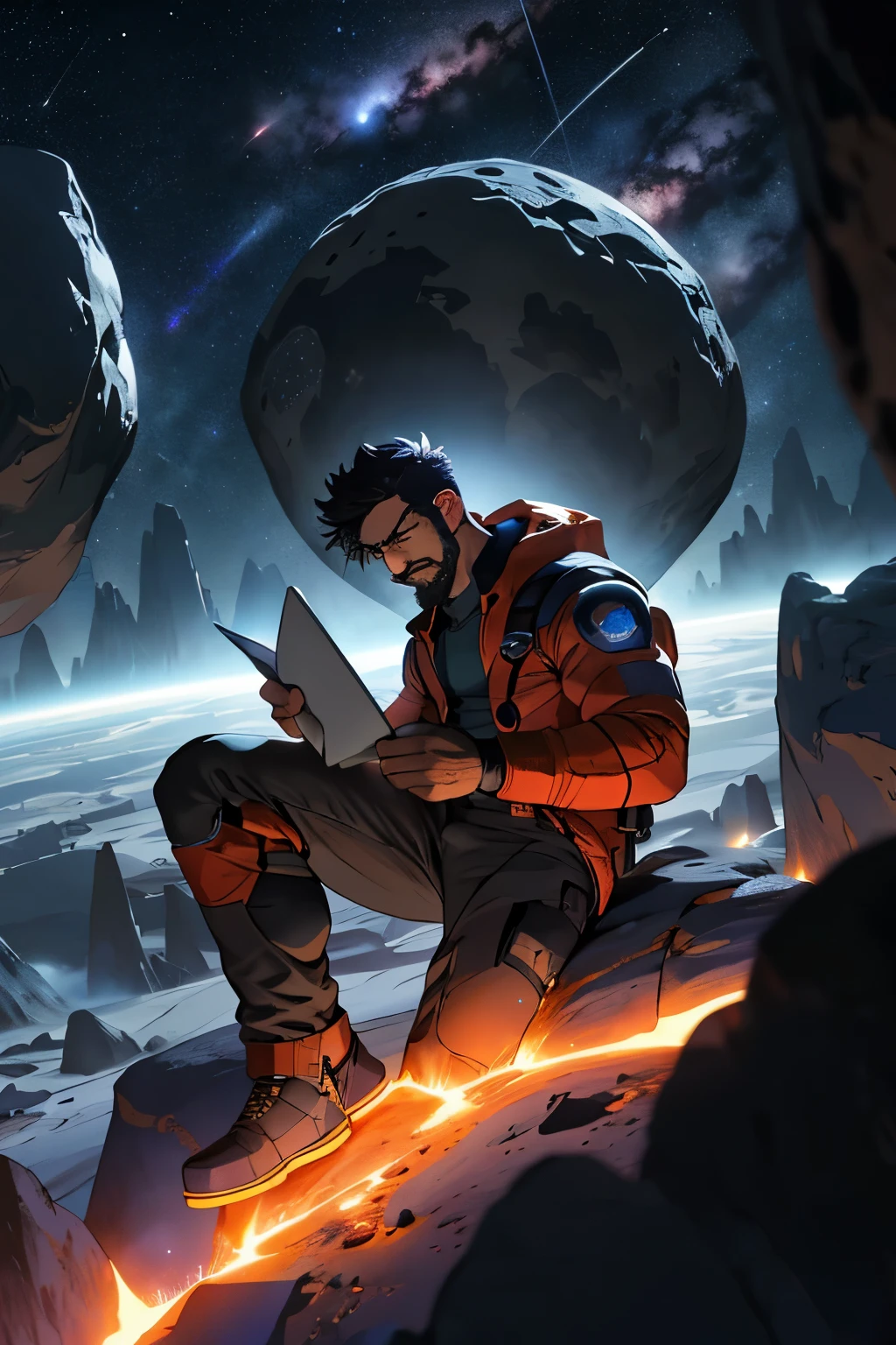 Draw a young programmer, sitting on a research platform floating in the middle of an asteroid belt. He is studying with a notebook, surrounded by several asteroids glowing with fiery auras. Dramatic lighting from distant stars and planets illuminates the scene, casting deep shadows on the suit. The young man looks confident and determined, looking at the vast and mysterious universe with wonder and respect,facial hair, cowboy shot,