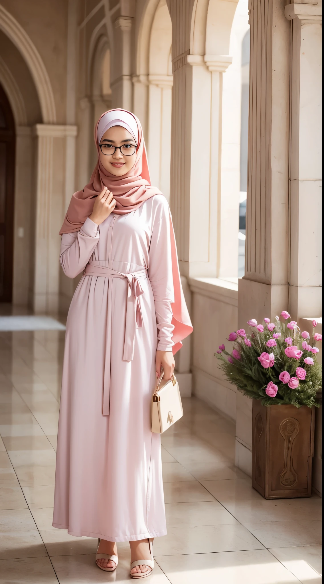 RAW, Best quality, high resolution, masterpiece: 1.3), full body image, cute Indonesian man in hijab, Masterpiece, average man body, young man face, cute man face, bright skin, smooth skin, average eyes, graceful smile, soft smile, man wearing glasses, perfect glasses, muslim man in hijab standing in front of florist, feminine gesture, graceful expression, body facing audience, looking to audience, wearing full soft pink hijab, shawl, perfect hijab, wearing White abaya dress, pretty dress, wearing white heels, wearing pink purse, beautiful in cute pastel shades, beautiful in pastel shades, purse on left shoulder, at noon, Great lighting, great sunlight, Bright colors, Ultra realistic clean lines, very realistic