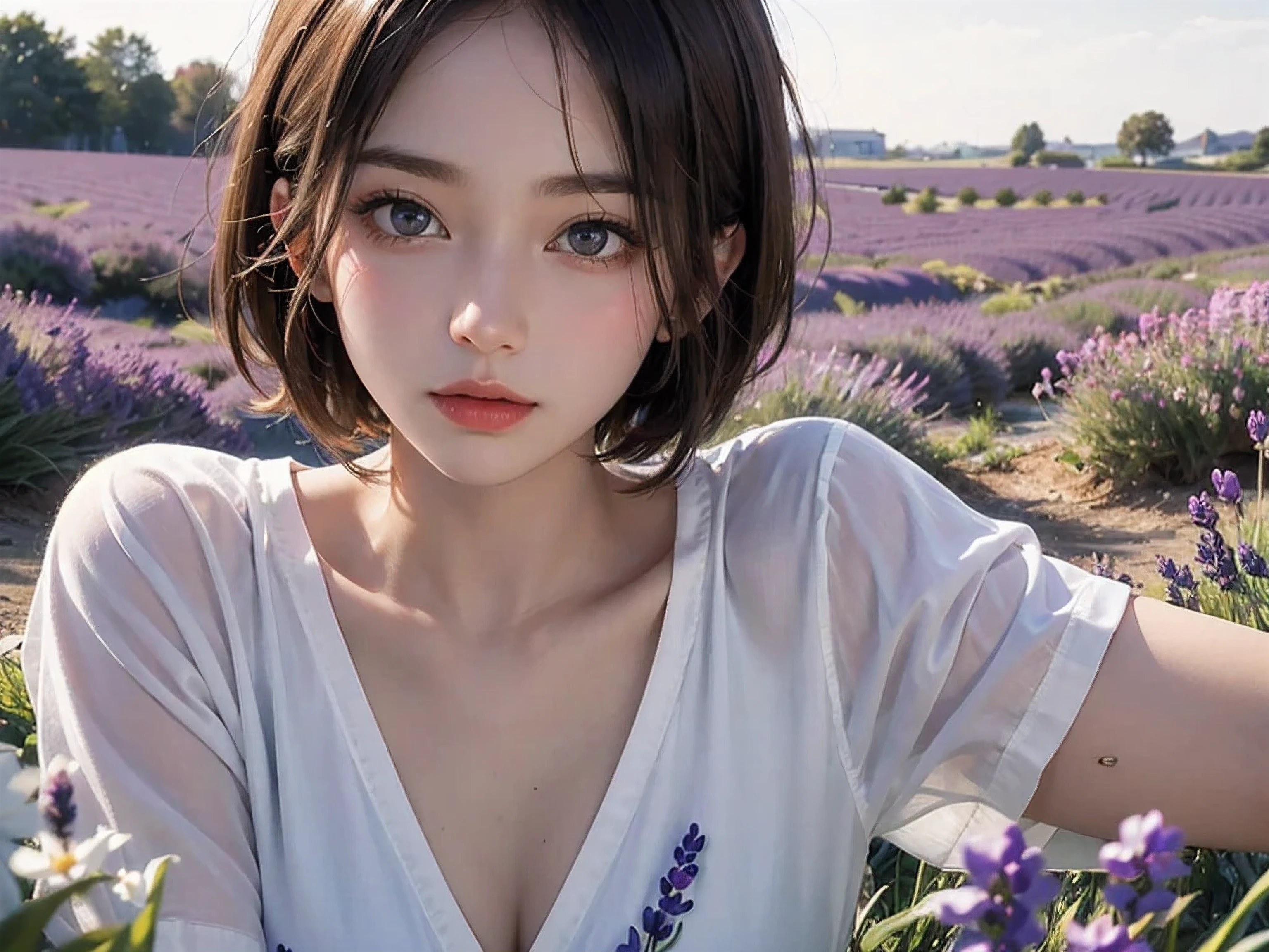 ((best quality)), ((Masterpiece)), (details), perfect face,slender face, beautiful eyes, detailsBeautiful eyes, short blonde hair, Medium milk, Beautiful proportional shape, Light shirt with beautiful cartoon pattern., soft evening light, In the lavender field